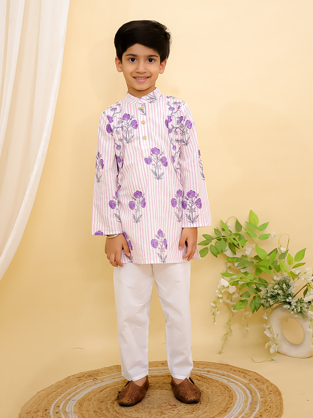 Purple Cotton Full sleeves Floral Print Kurta Pyjama Set
