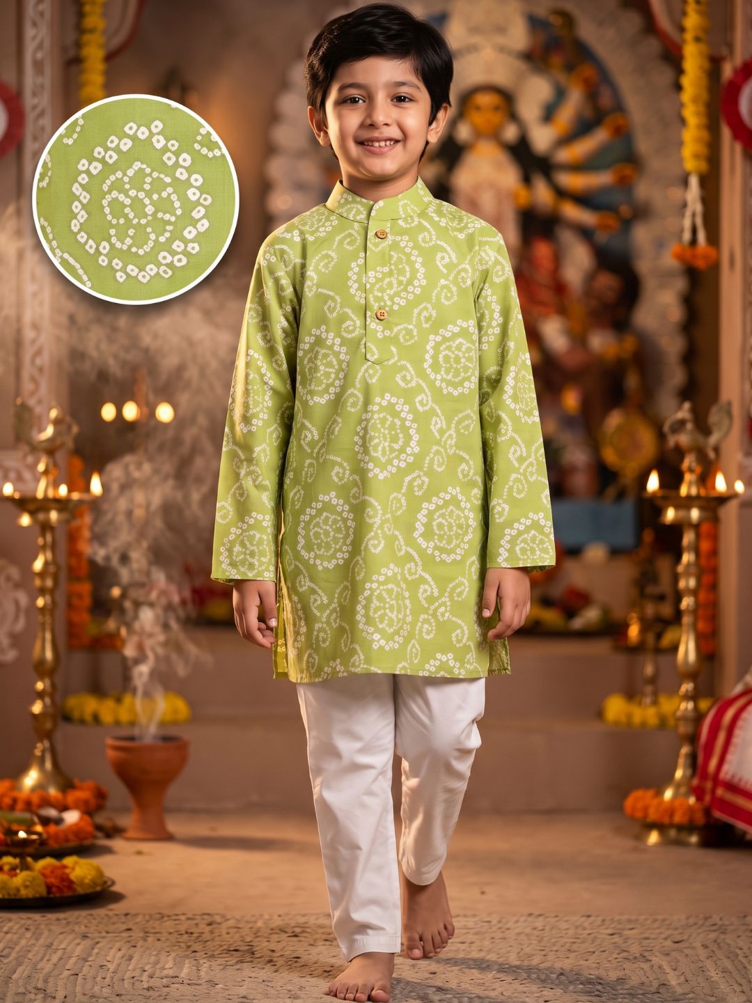 Green Cotton Full sleeves Floral Print Kurta Pyjama Set