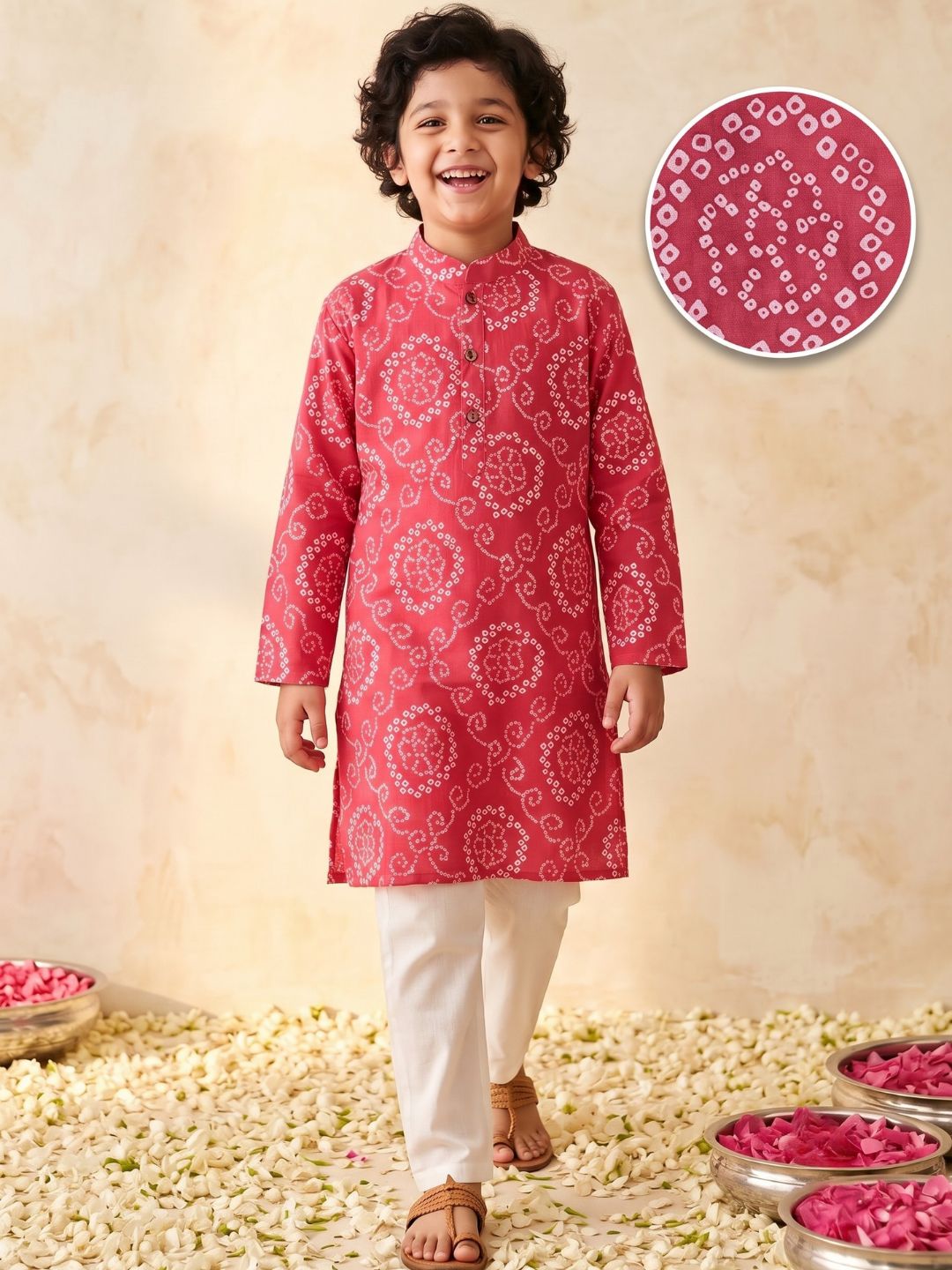 Red Cotton Full sleeves Floral Print Kurta Pyjama Set