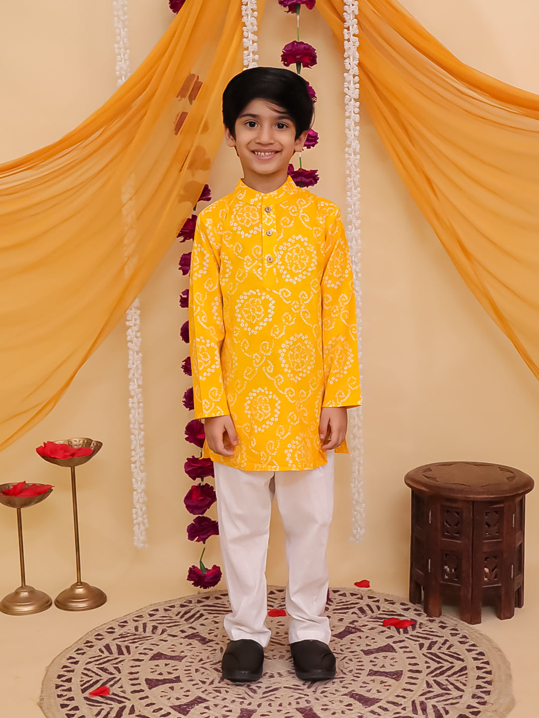 Kids Boys Yellow Cotton Full sleeves Floral Print Kurta Pyjama Set - AJ Dezines
