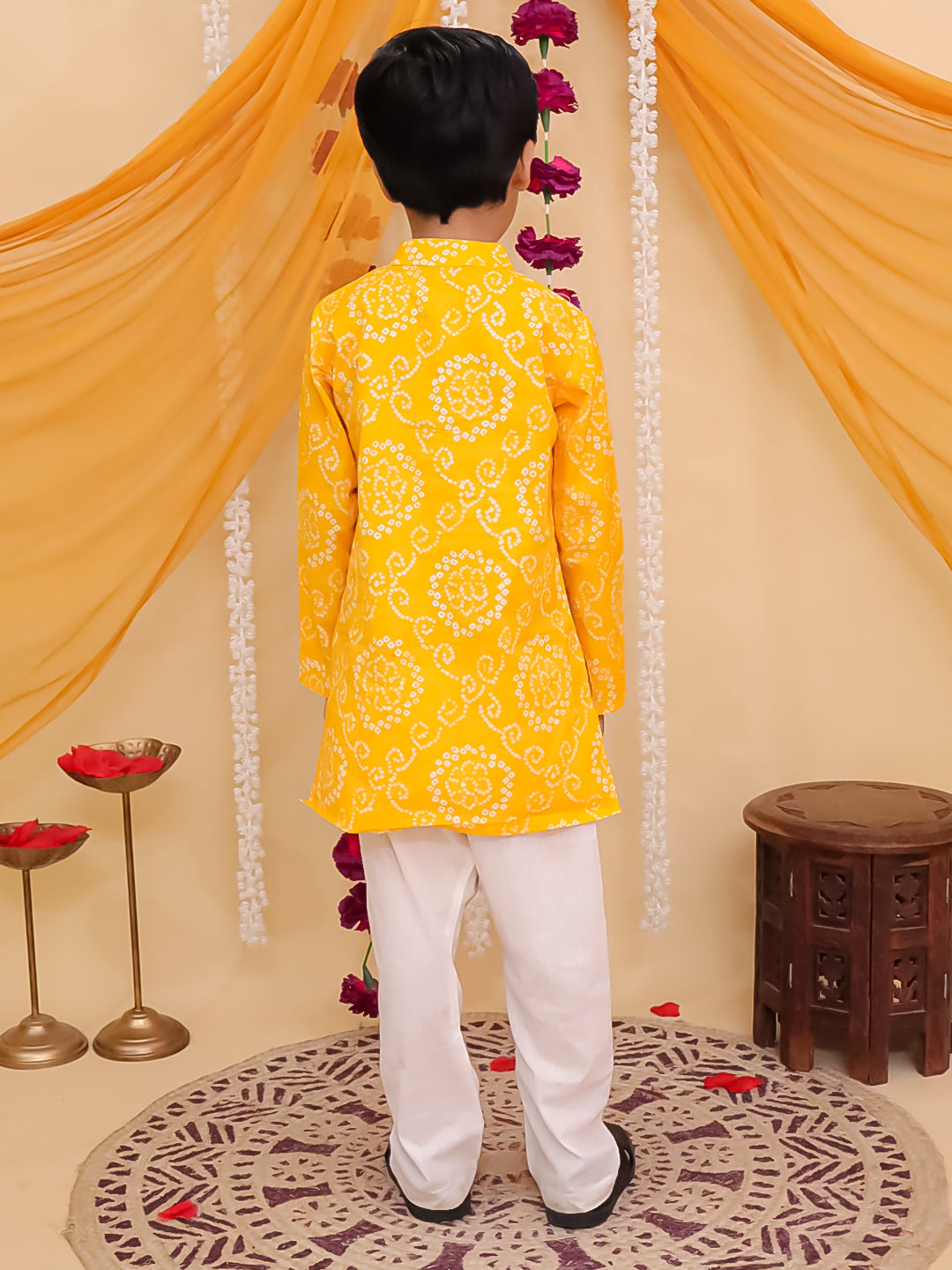 Kids Boys Yellow Cotton Full sleeves Floral Print Kurta Pyjama Set - AJ Dezines
