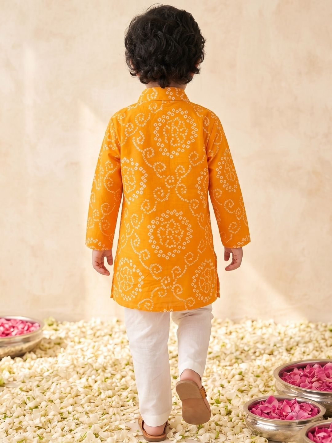 Kids Boys Yellow Cotton Full sleeves Floral Print Kurta Pyjama Set