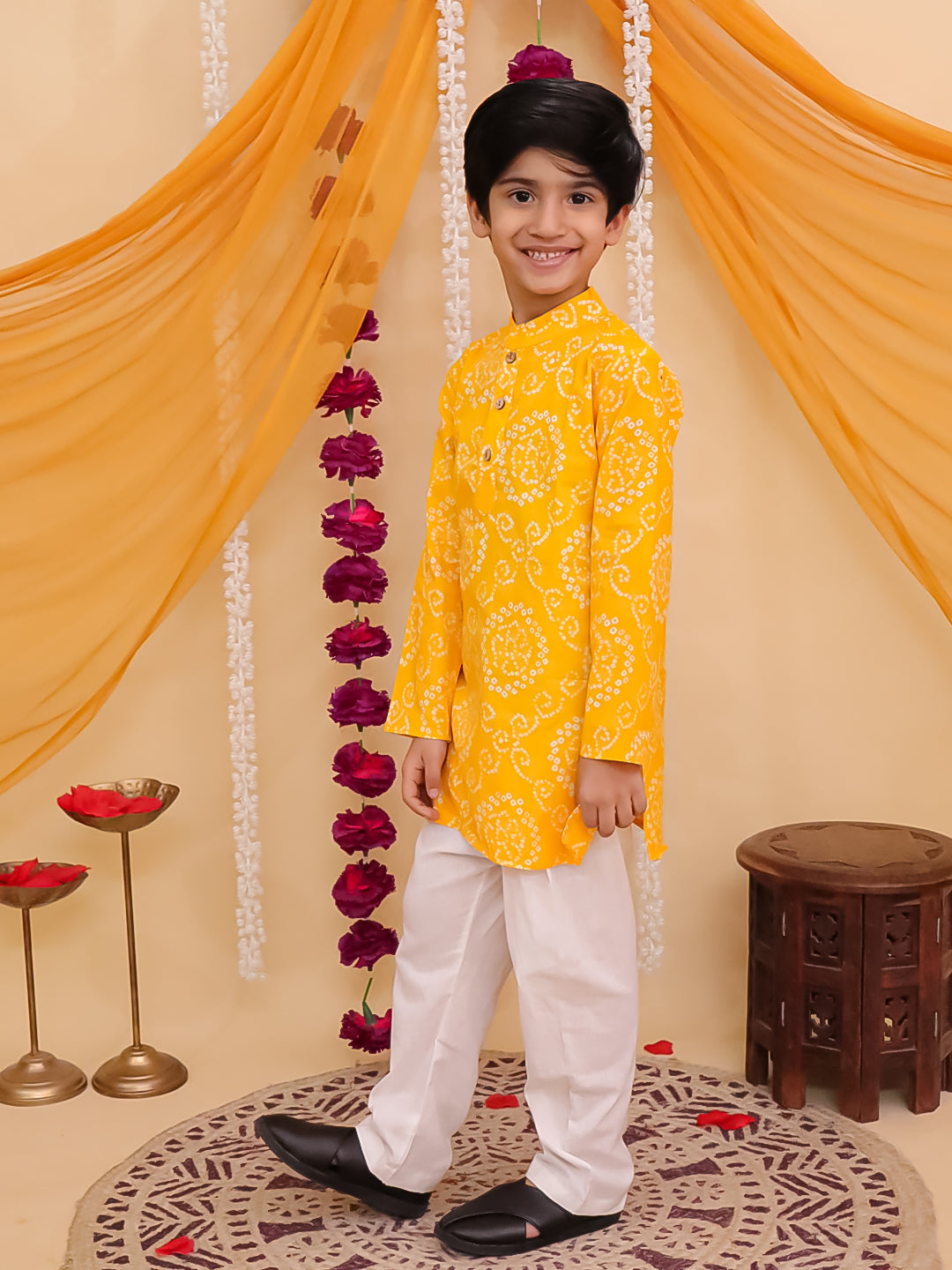 Kids Boys Yellow Cotton Full sleeves Floral Print Kurta Pyjama Set - AJ Dezines