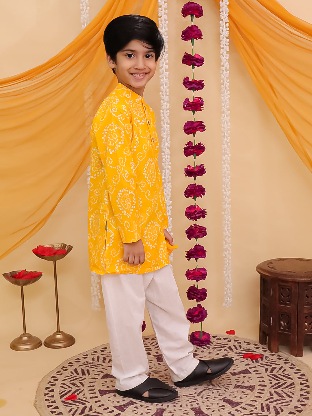 Kids Boys Yellow Cotton Full sleeves Floral Print Kurta Pyjama Set - AJ Dezines