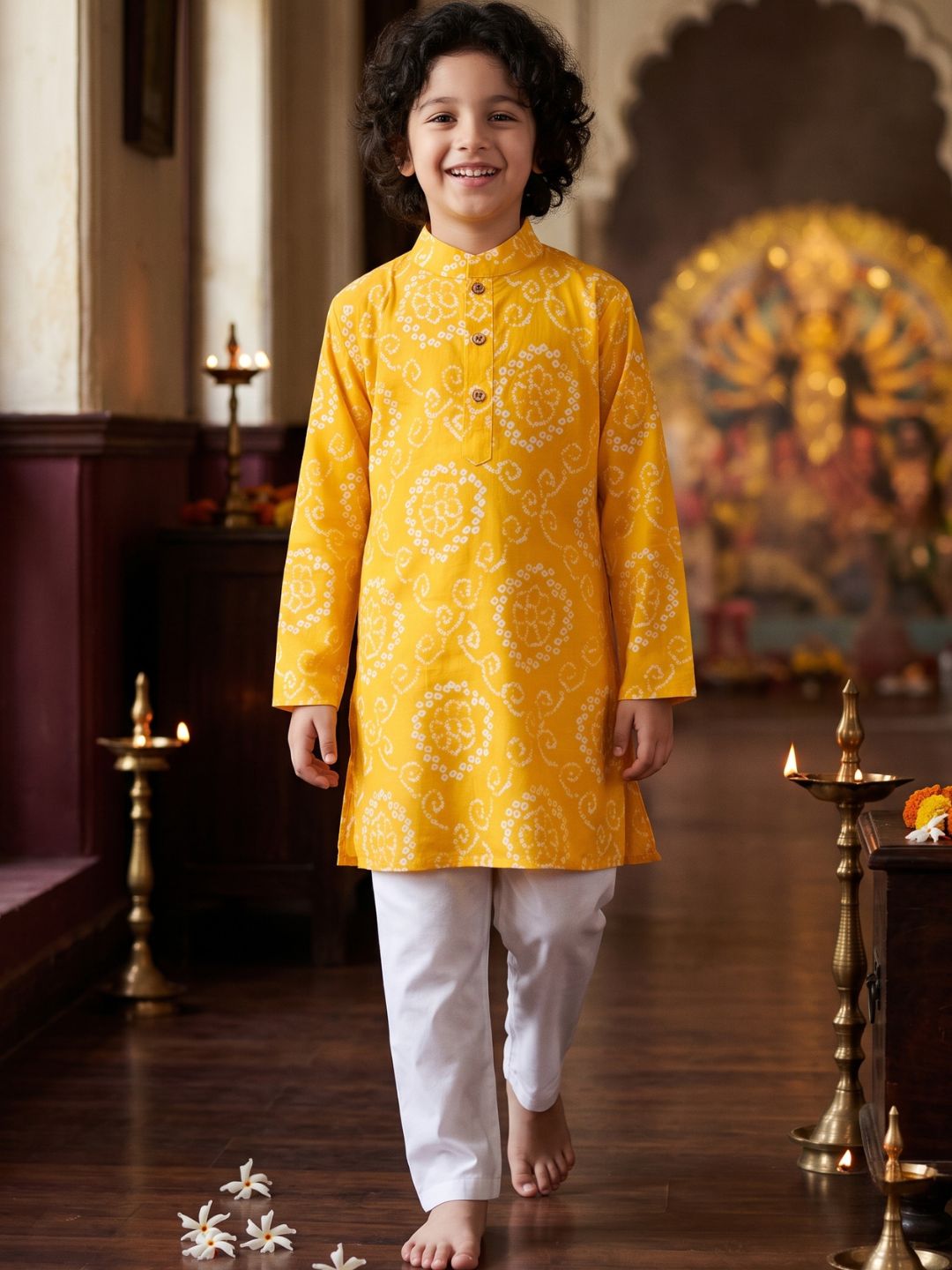 Kids Boys Yellow Cotton Full sleeves Floral Print Kurta Pyjama Set