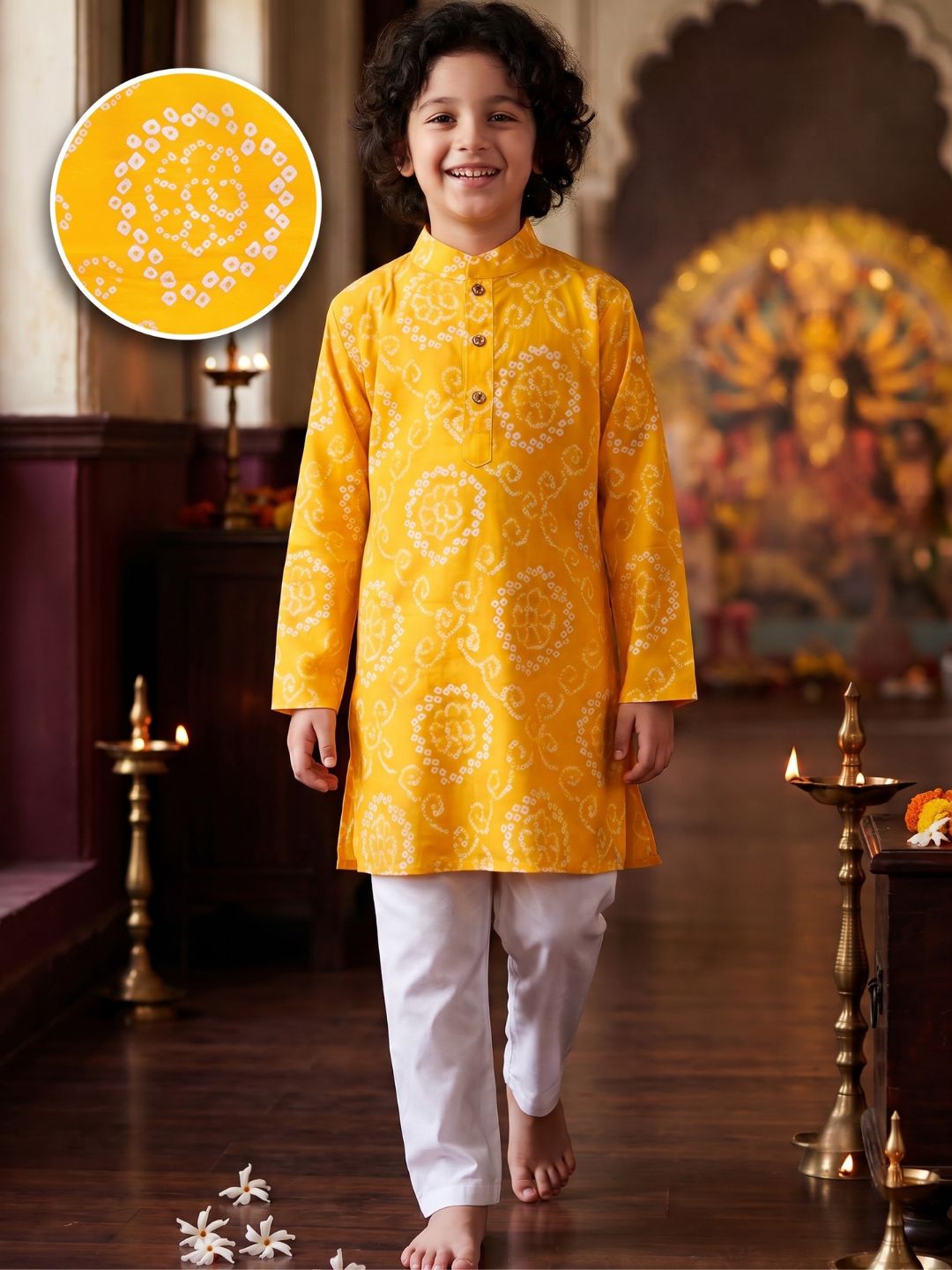 Kids Boys Yellow Cotton Full sleeves Floral Print Kurta Pyjama Set