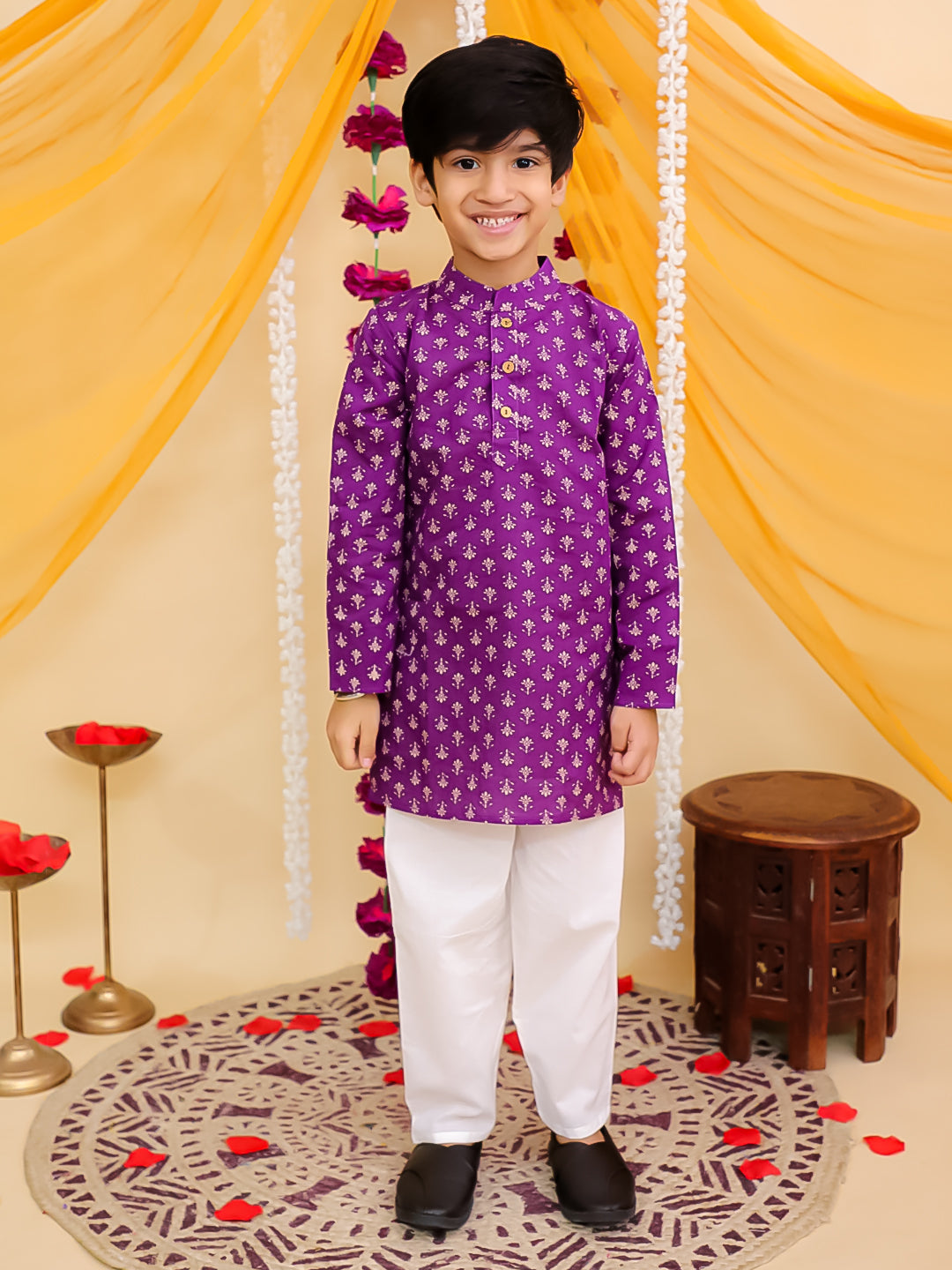 Boys Purple Cotton Full sleeves Floral Print Kurta Pyjama Set - AJ Dezines