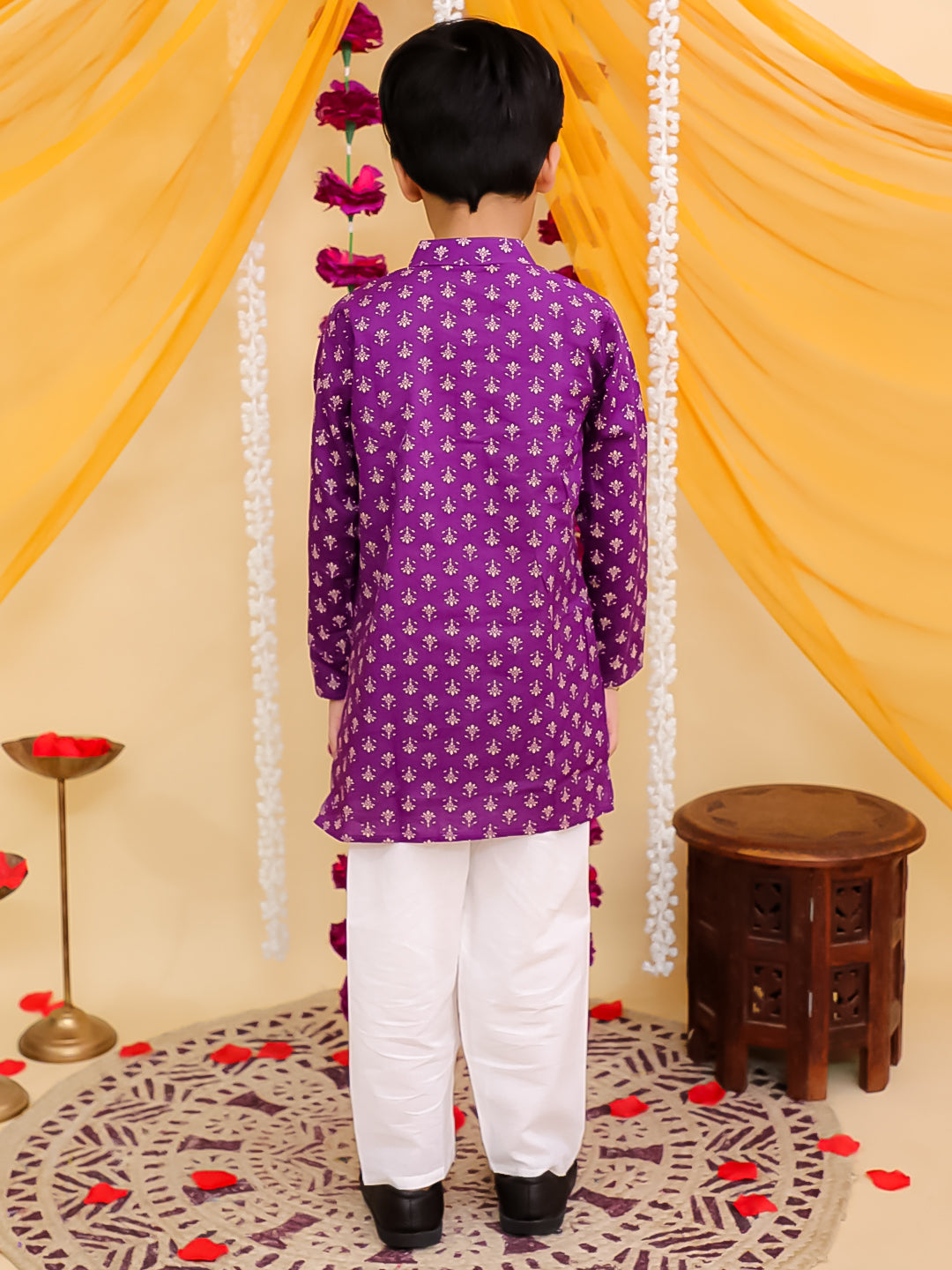 Boys Purple Cotton Full sleeves Floral Print Kurta Pyjama Set - AJ Dezines