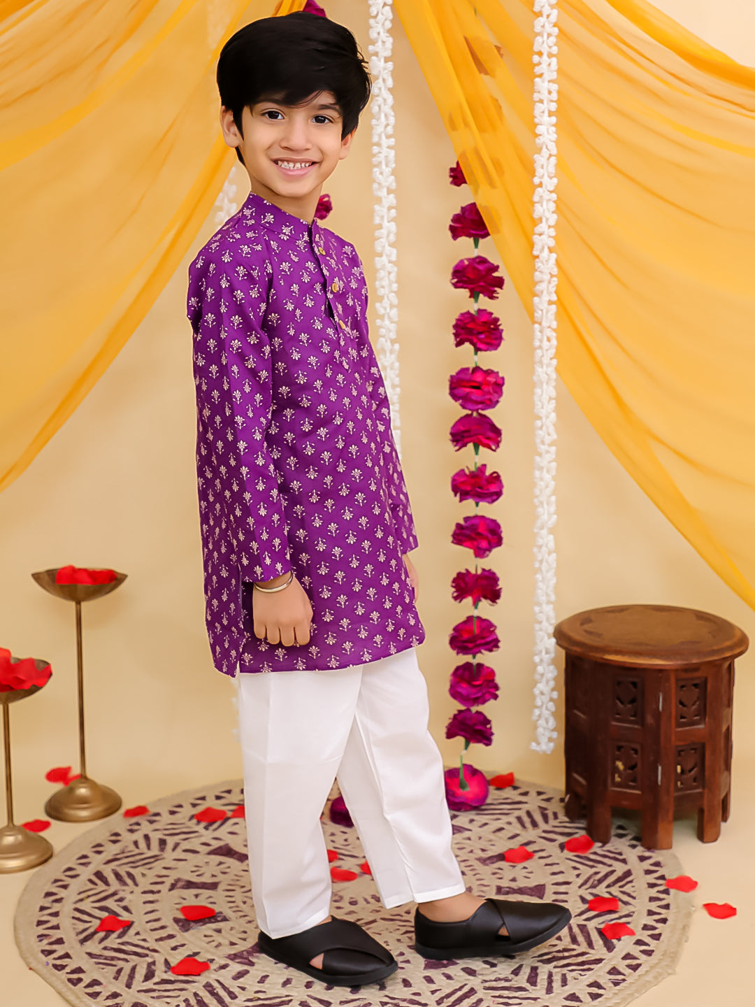 Boys Purple Cotton Full sleeves Floral Print Kurta Pyjama Set - AJ Dezines