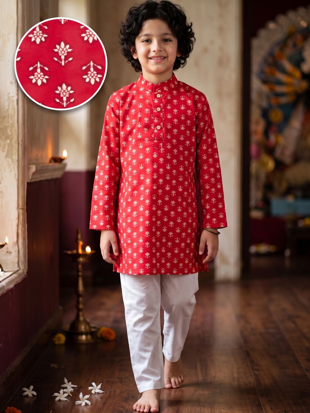 Boys Red Cotton Full sleeves Floral Print Kurta Pyjama Set