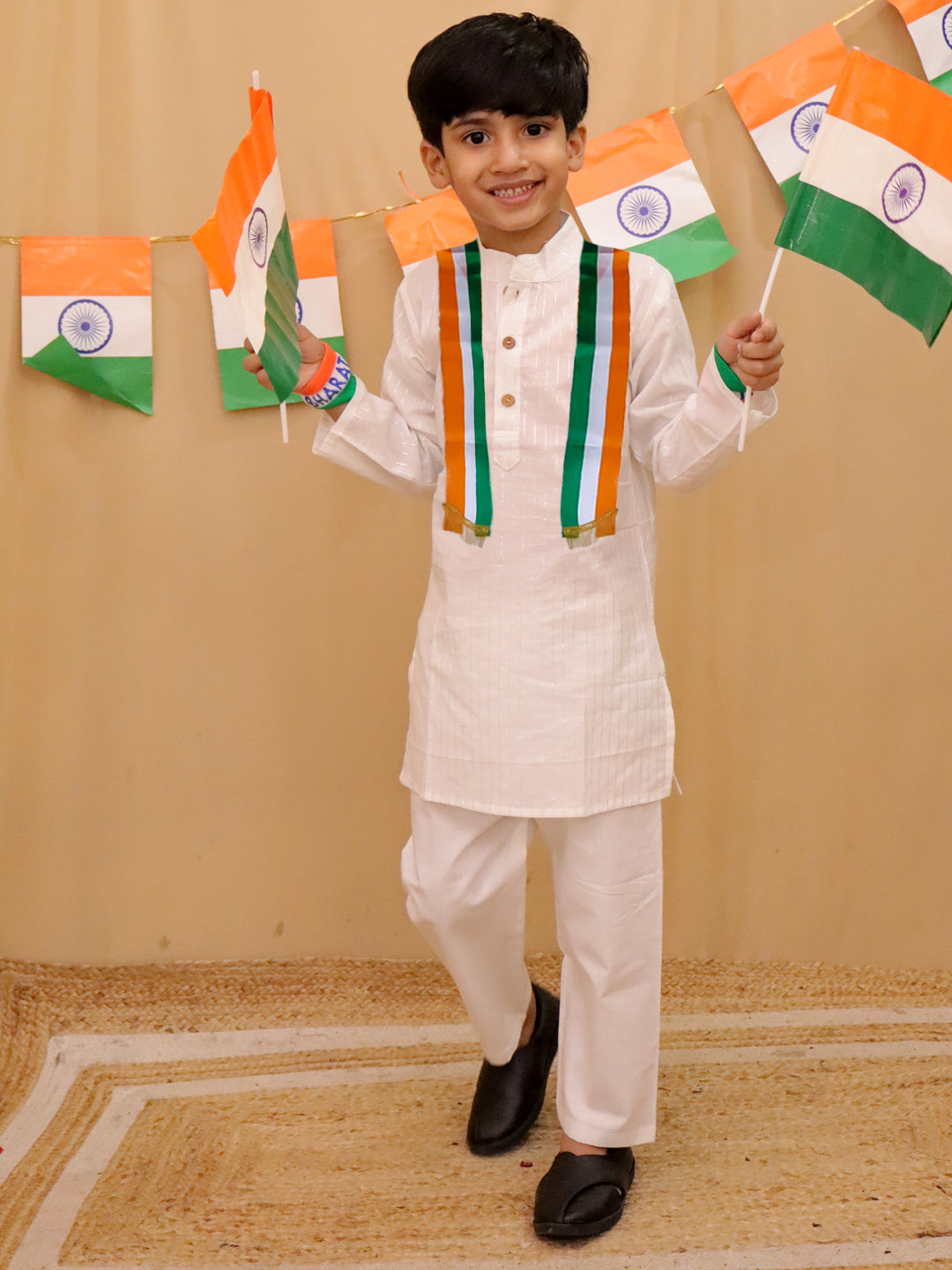 White Cotton Holi Full sleeves Silver Striped Kurta Pyjama Set For Independence/ Republic Day - AJ Dezines
