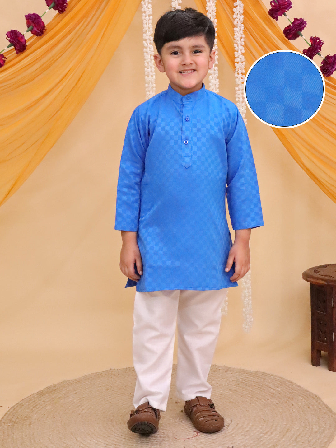 Boys Blue Cotton Full sleeves Check Kurta Pyjama Set