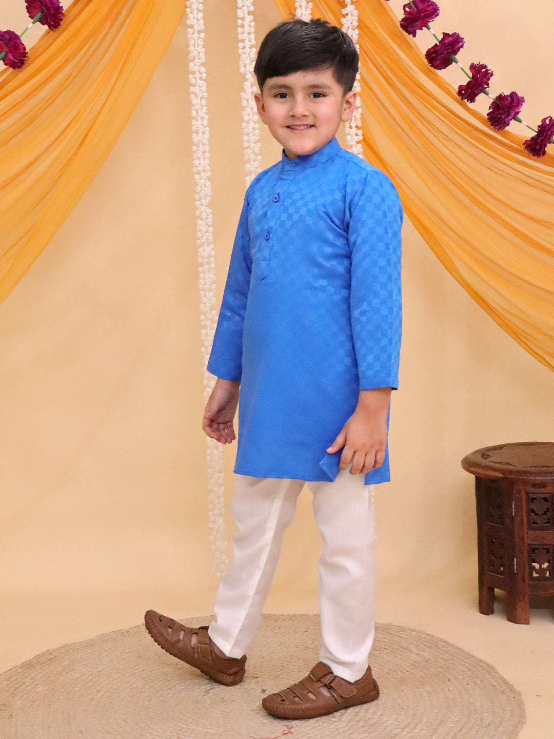 Boys Blue Cotton Full sleeves Check Kurta Pyjama Set