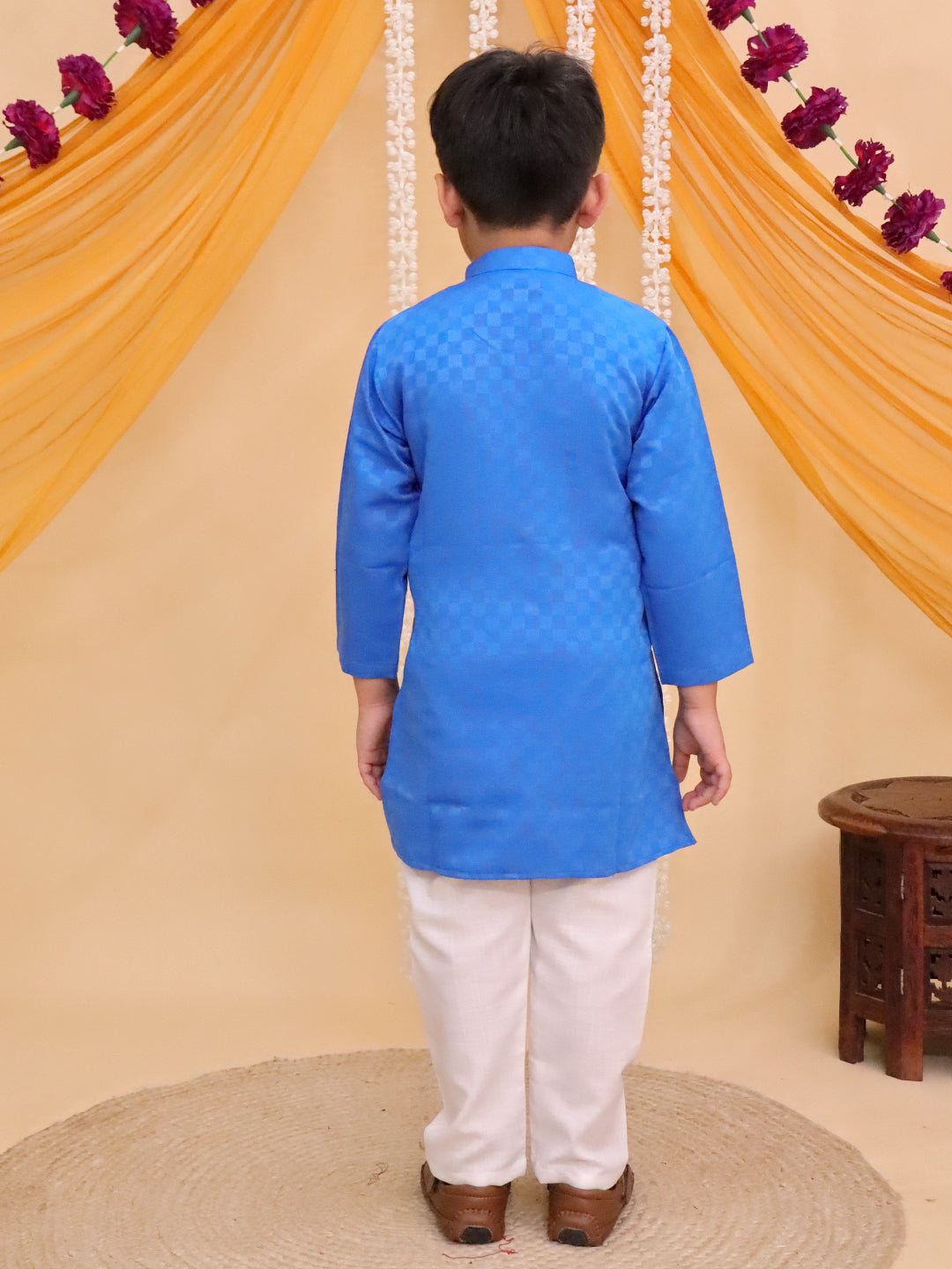 Boys Blue Cotton Full sleeves Check Kurta Pyjama Set