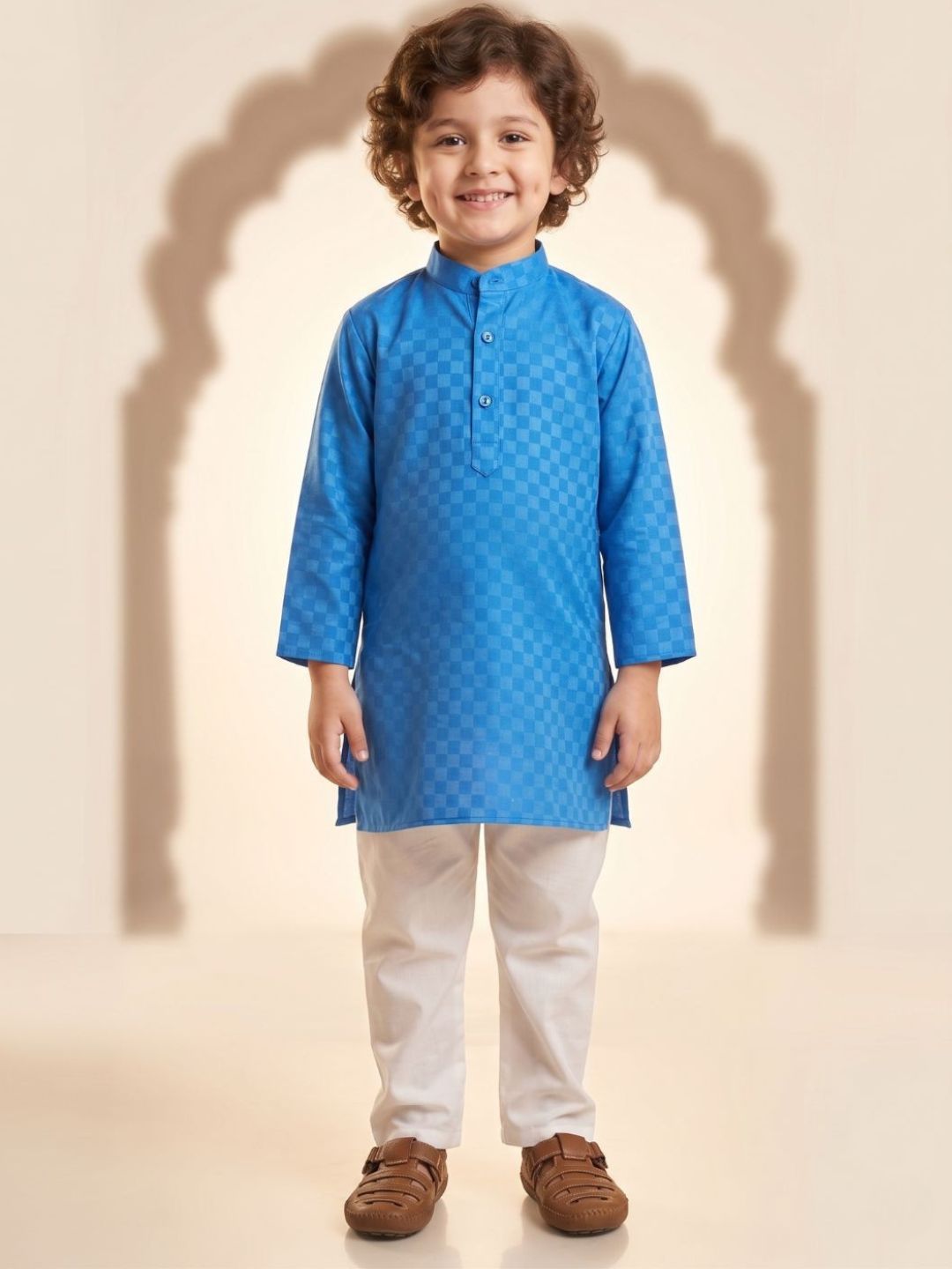 Boys Blue Cotton Full sleeves Check Kurta Pyjama Set