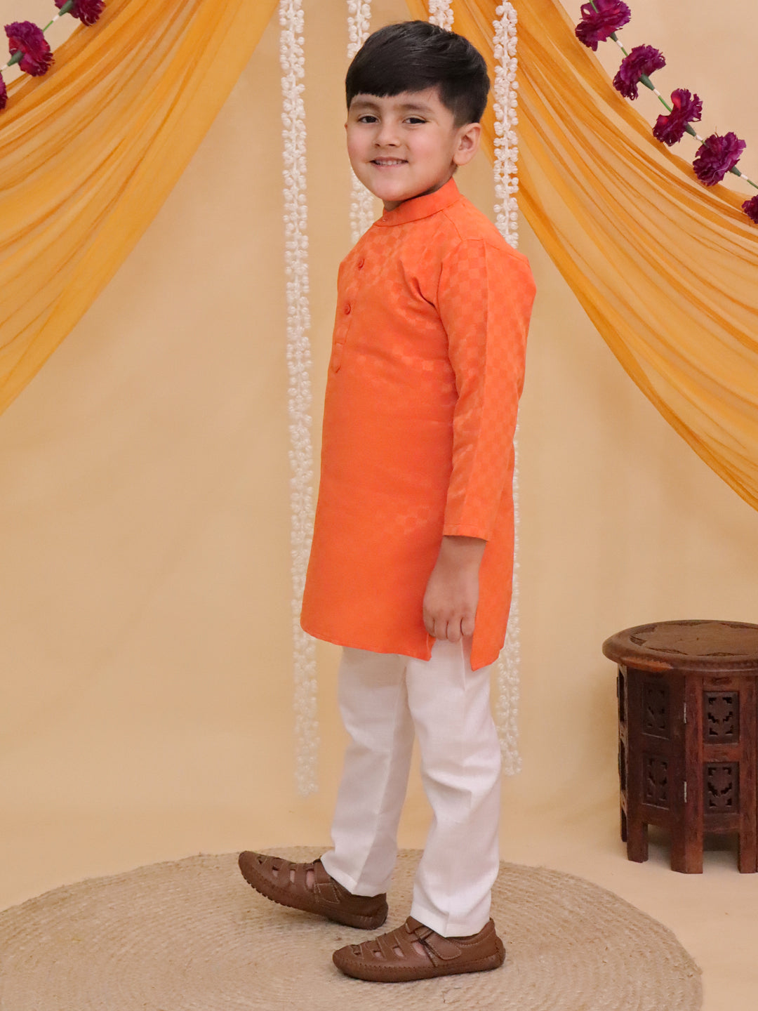 Boys Orange Cotton Full sleeves Check Kurta Pyjama Set