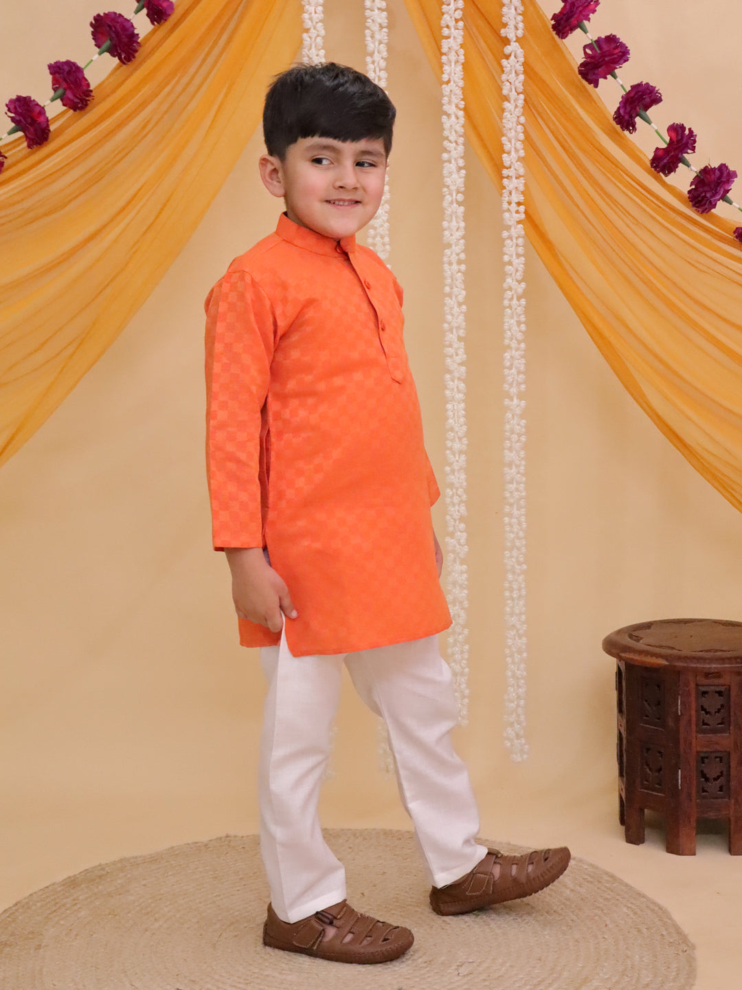 Boys Orange Cotton Full sleeves Check Kurta Pyjama Set