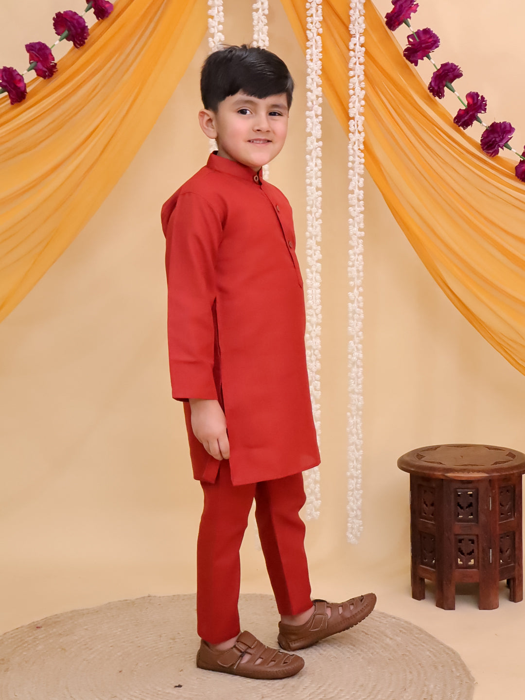 Boys Red Cotton Full sleeves Check Kurta Pyjama Set