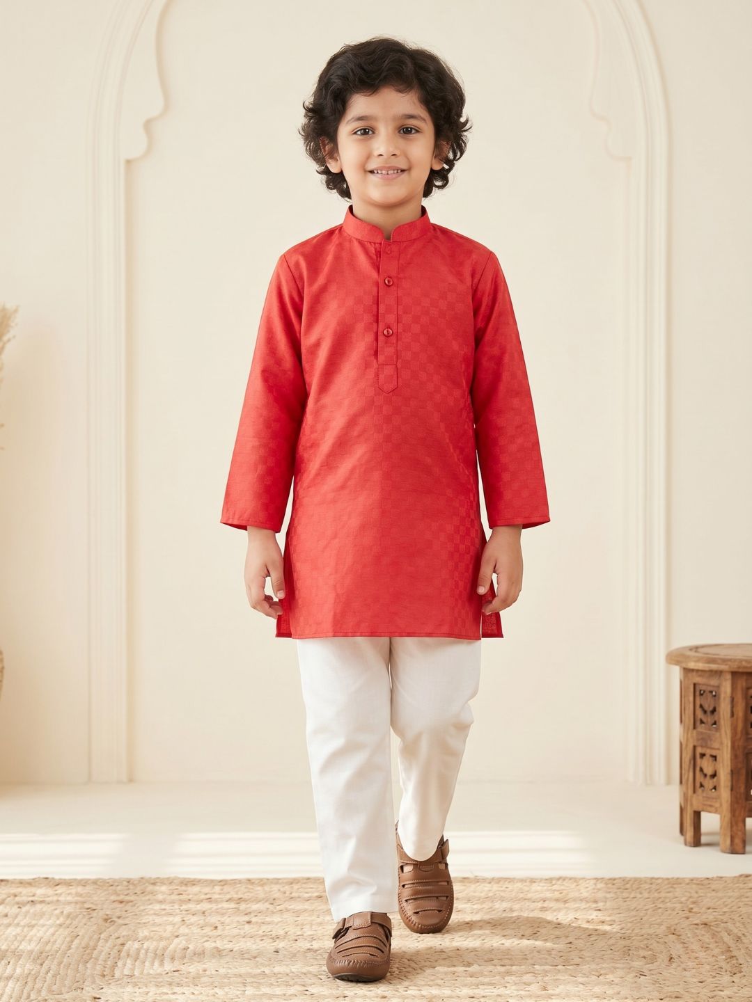 Boys Red Cotton Full sleeves Check Kurta Pyjama Set