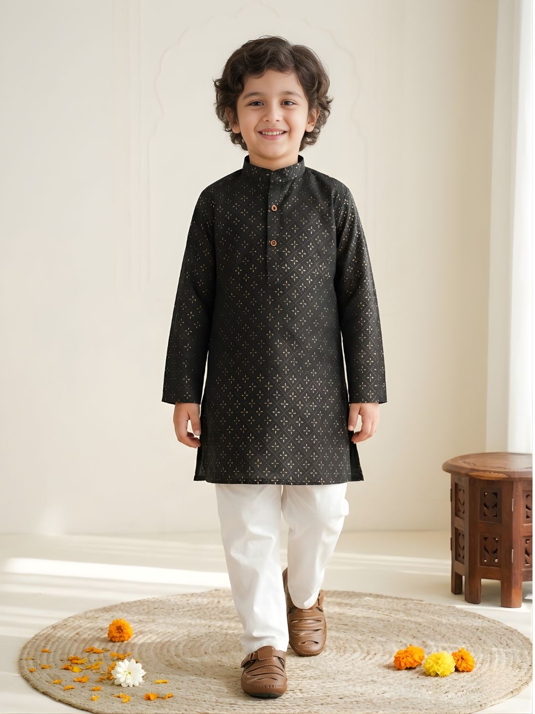 Boys Black Cotton Full sleeves Foil Printed Kurta Pyjama Set