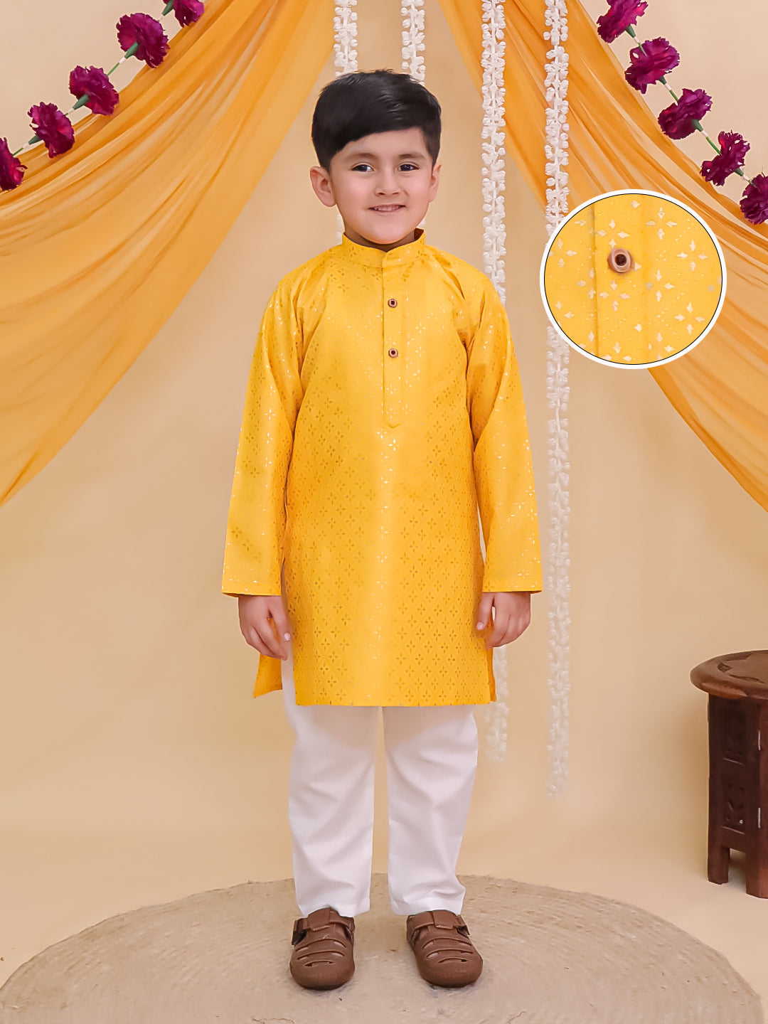 Yellow Cotton Full sleeves Foil Printed Kurta Pyjama Set