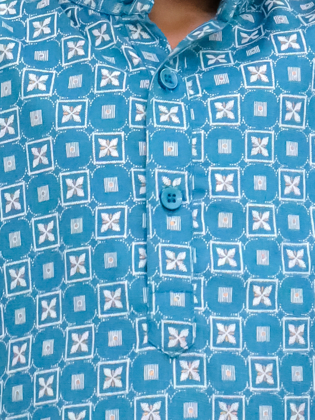 Boys Blue Cotton Full Sleeves Printed Kurta Pyjama Set