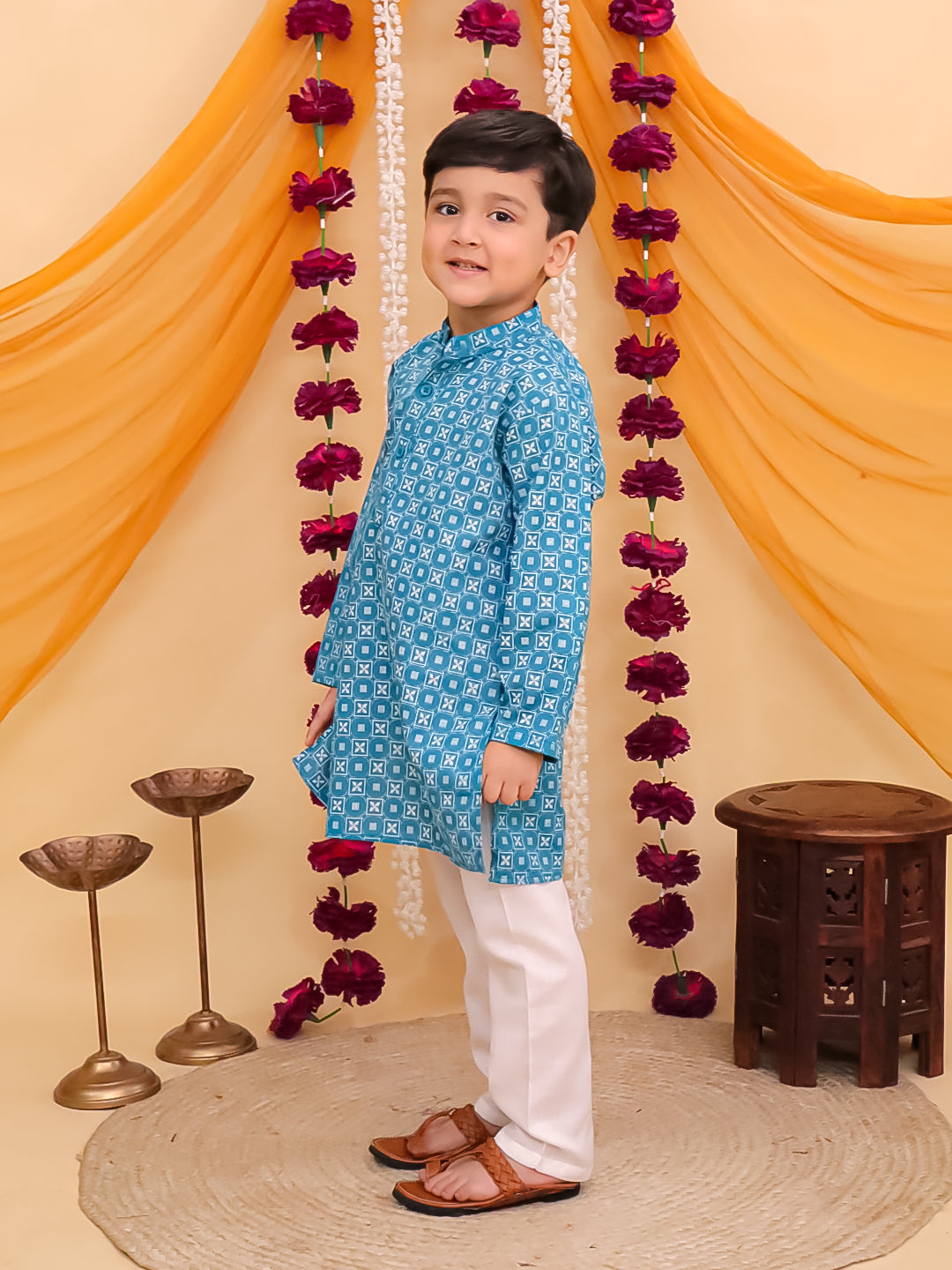 Boys Blue Cotton Full Sleeves Printed Kurta Pyjama Set