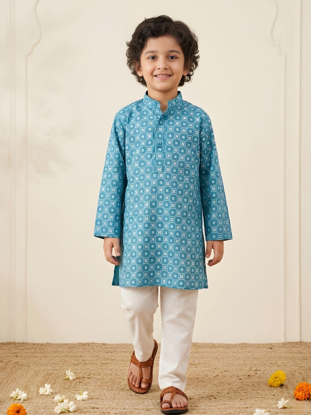 Boys Blue Cotton Full Sleeves Printed Kurta Pyjama Set