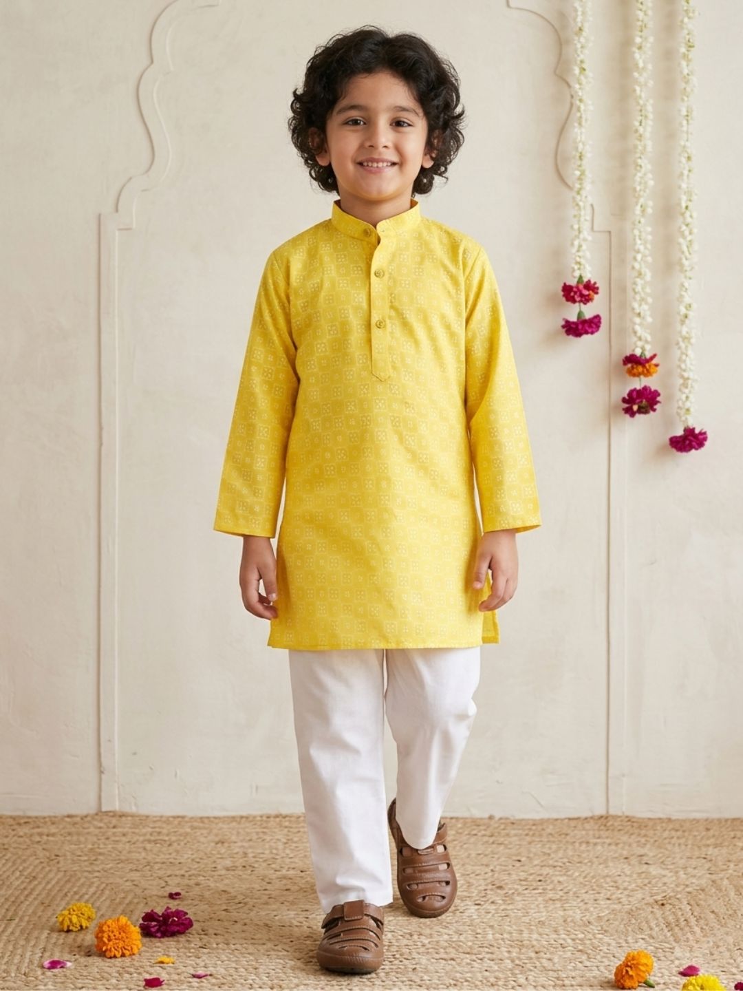 Boys Yellow Cotton Full sleeves Printed Kurta Pyjama Set
