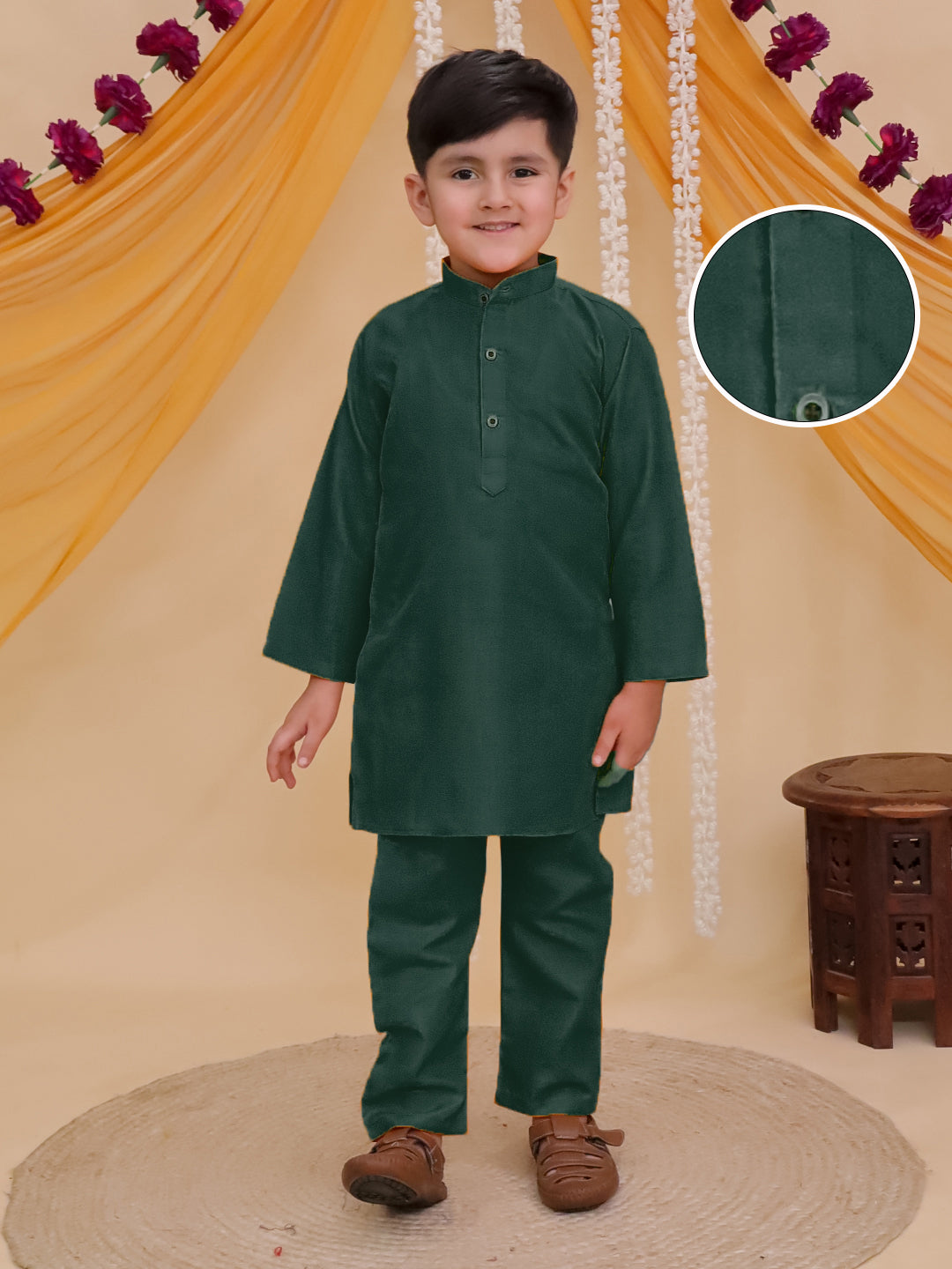 Boys Dark Green Cotton Full sleeves Solid Kurta Pyjama Set