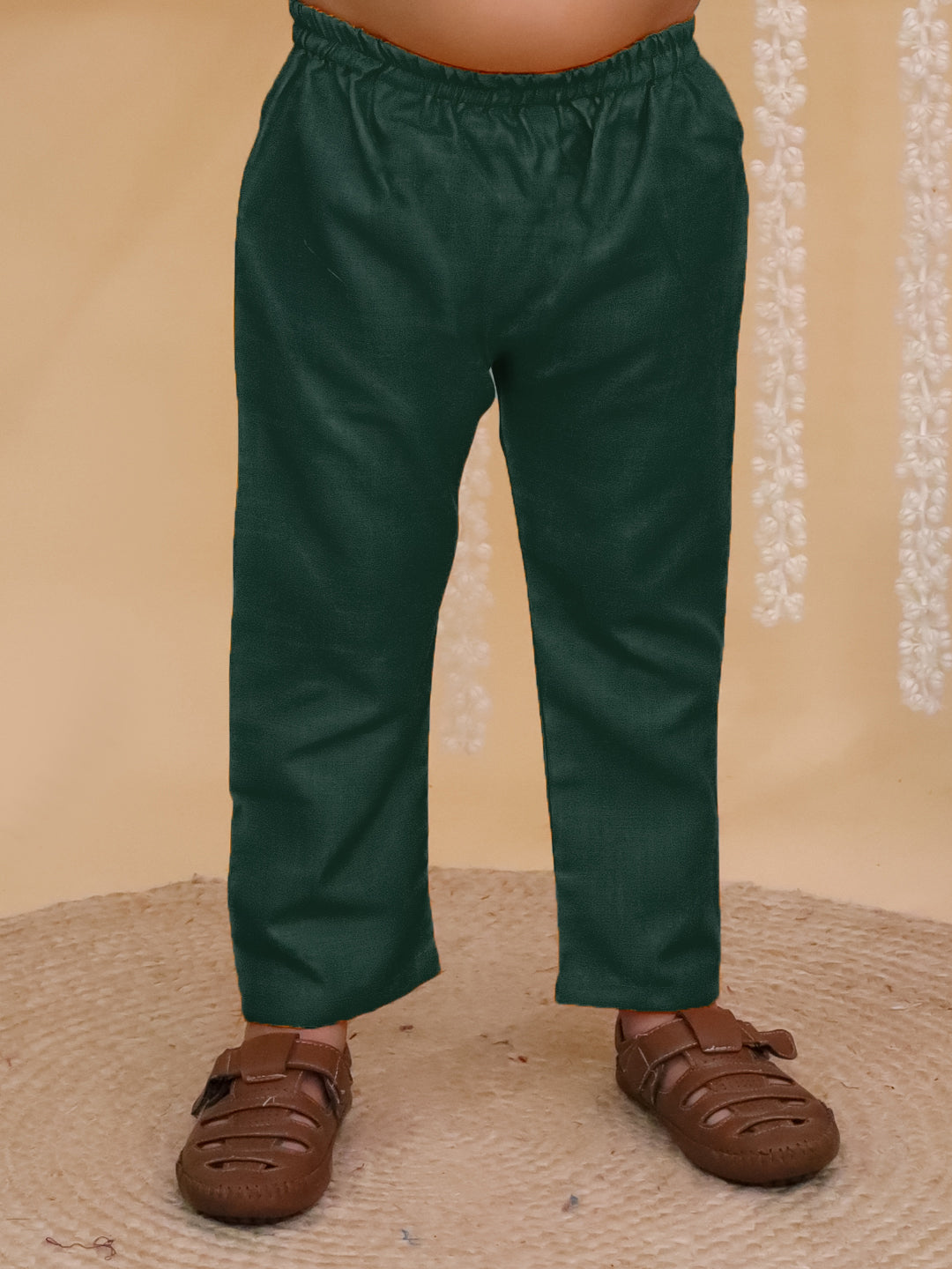 Boys Dark Green Cotton Full sleeves Solid Kurta Pyjama Set