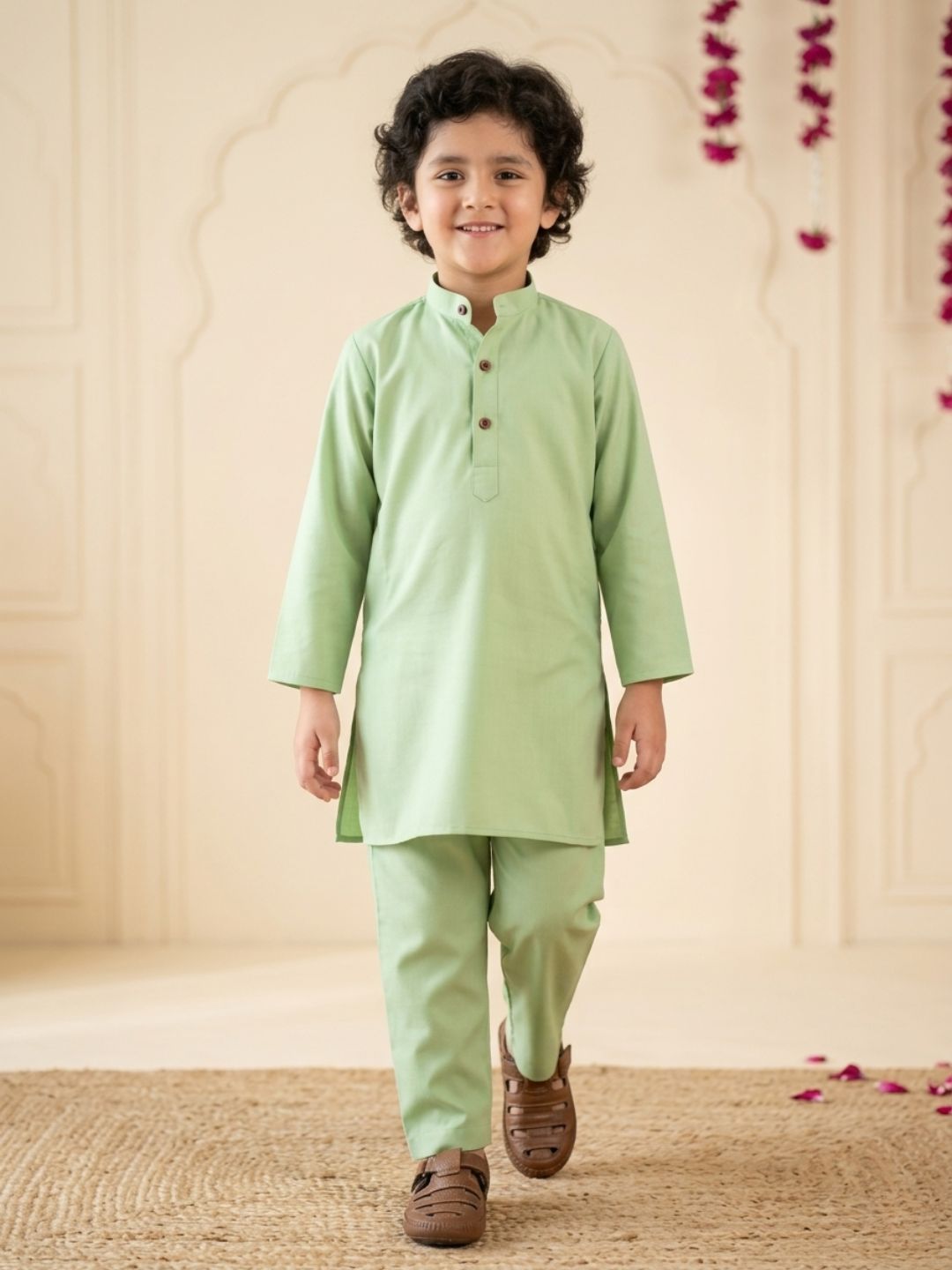 Boys Green Cotton Full sleeves Solid Kurta Pyjama Set