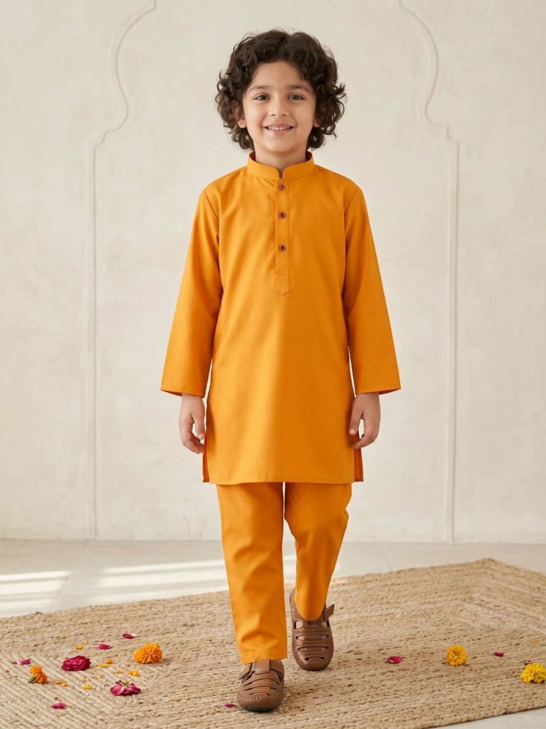 Boys Mustard Cotton Full sleeves Solid Kurta Pyjama Set