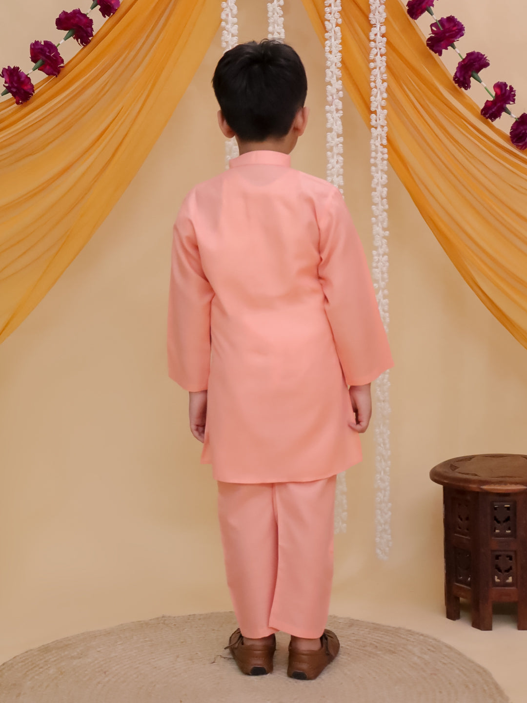 Boys Peach Cotton Full sleeves Solid Kurta Pyjama Set