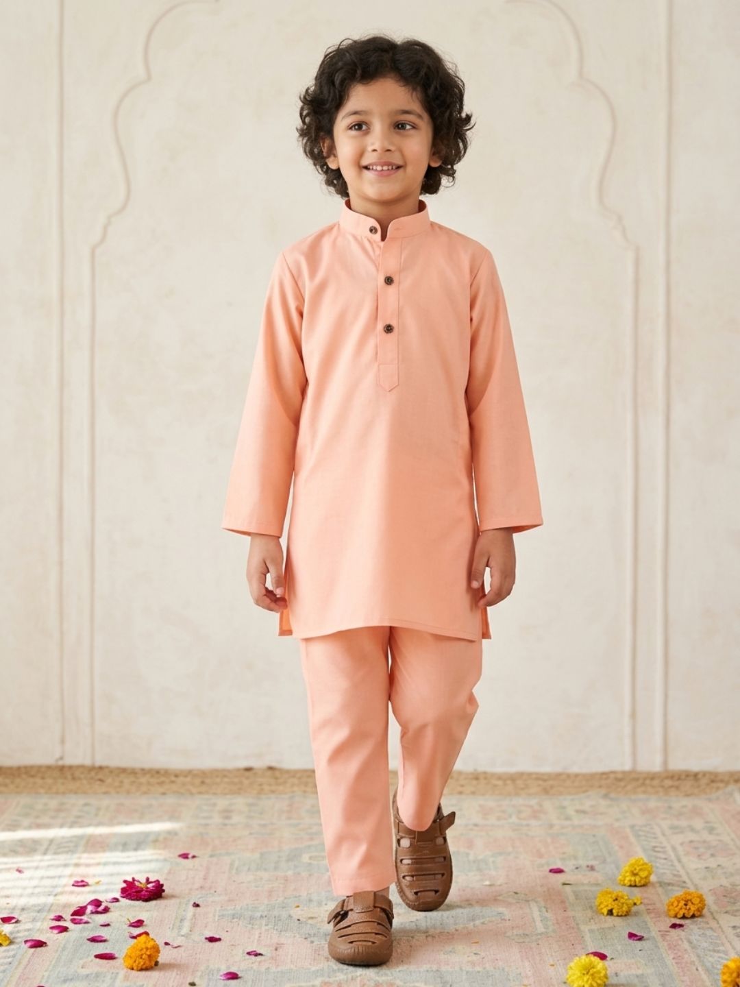 Boys Peach Cotton Full sleeves Solid Kurta Pyjama Set