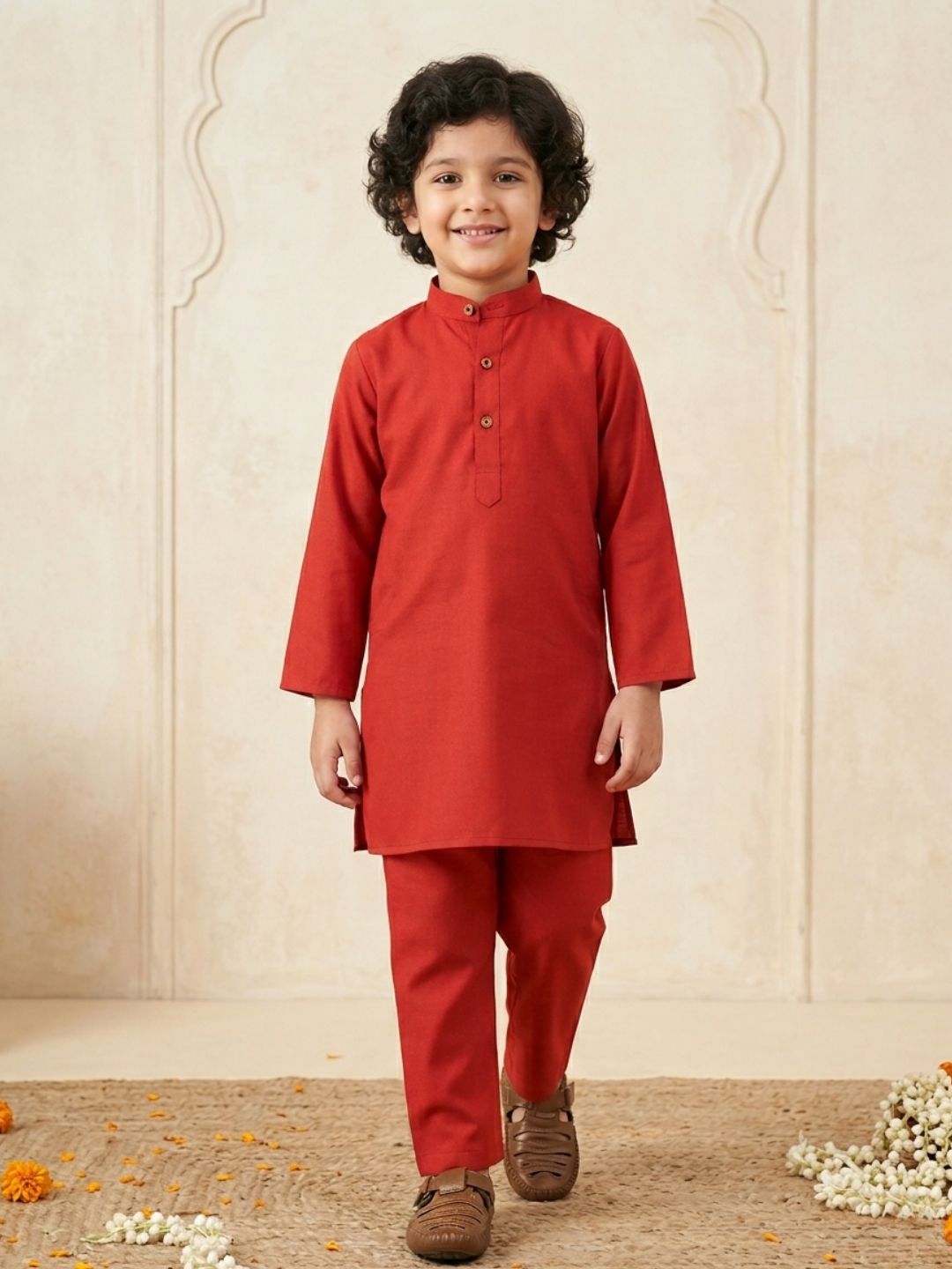 Boys Rust Cotton Full sleeves Solid Kurta Pyjama Set