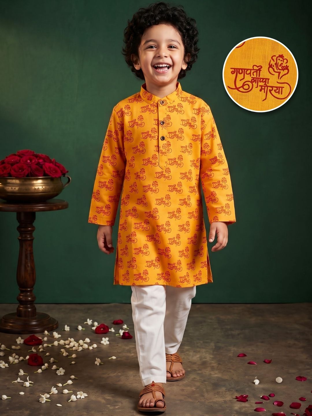 Yellow Cotton Full sleeves Ganesha Printed Kurta Pyjama Set