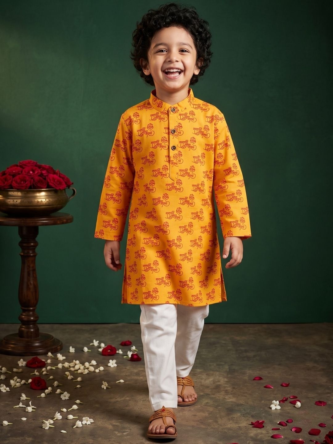 Yellow Cotton Full sleeves Ganesha Printed Kurta Pyjama Set