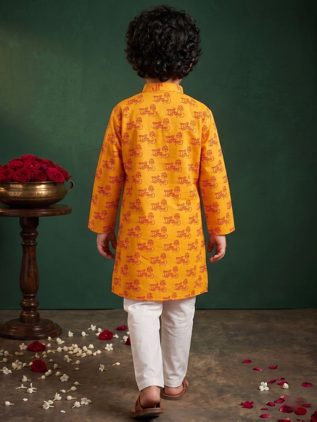 Yellow Cotton Full sleeves Ganesha Printed Kurta Pyjama Set