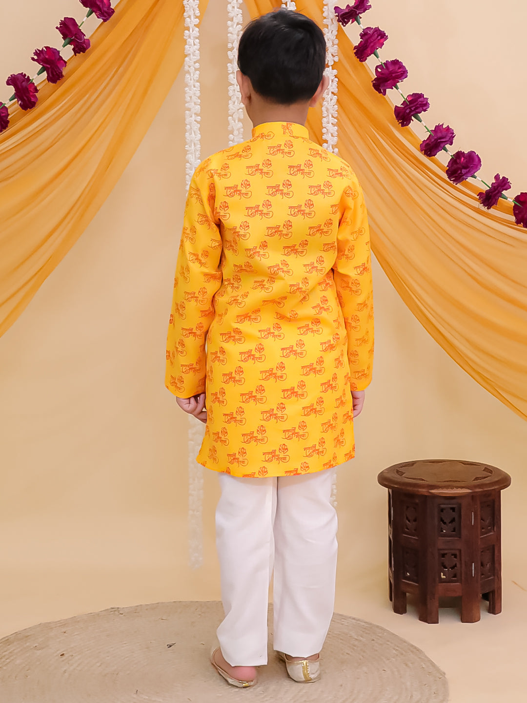 Yellow Cotton Full sleeves Ganesha Printed Kurta Pyjama Set