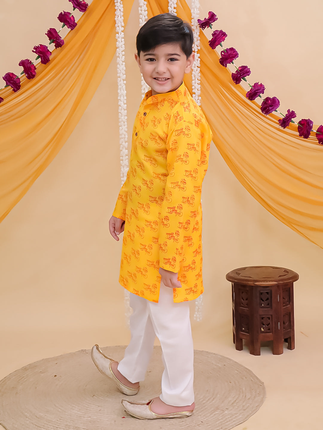Yellow Cotton Full sleeves Ganesha Printed Kurta Pyjama Set