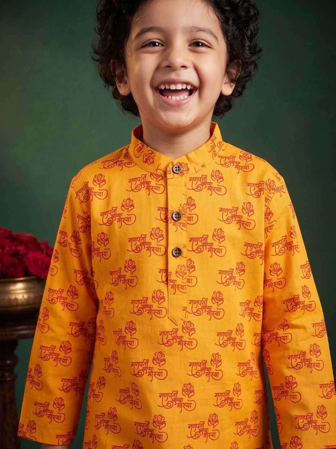 Yellow Cotton Full sleeves Ganesha Printed Kurta Pyjama Set