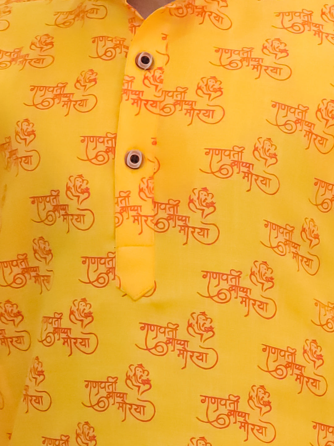 Yellow Cotton Full sleeves Ganesha Printed Kurta Pyjama Set