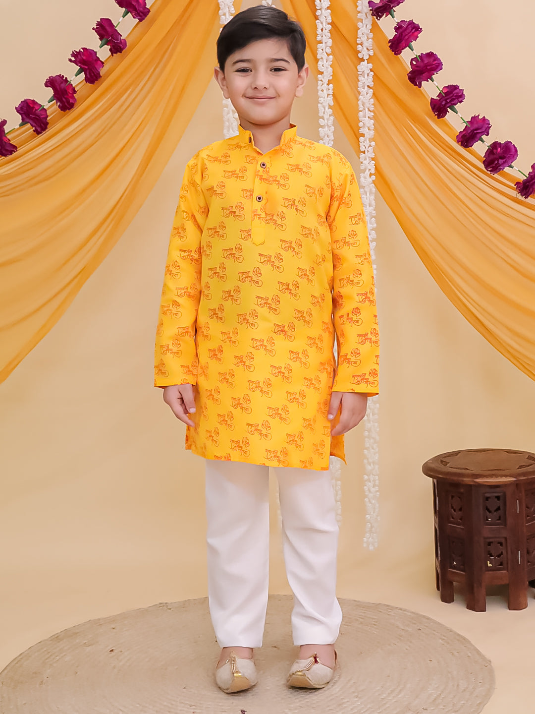 Yellow Cotton Full sleeves Ganesha Printed Kurta Pyjama Set