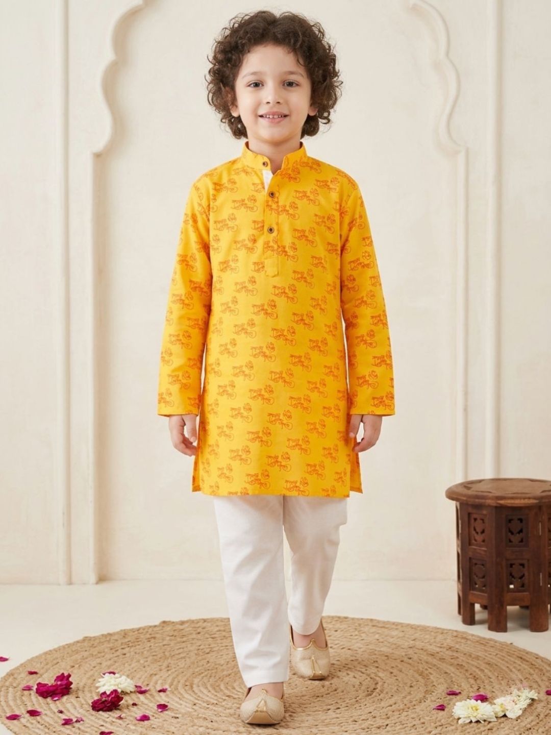 Yellow Cotton Full sleeves Ganesha Printed Kurta Pyjama Set