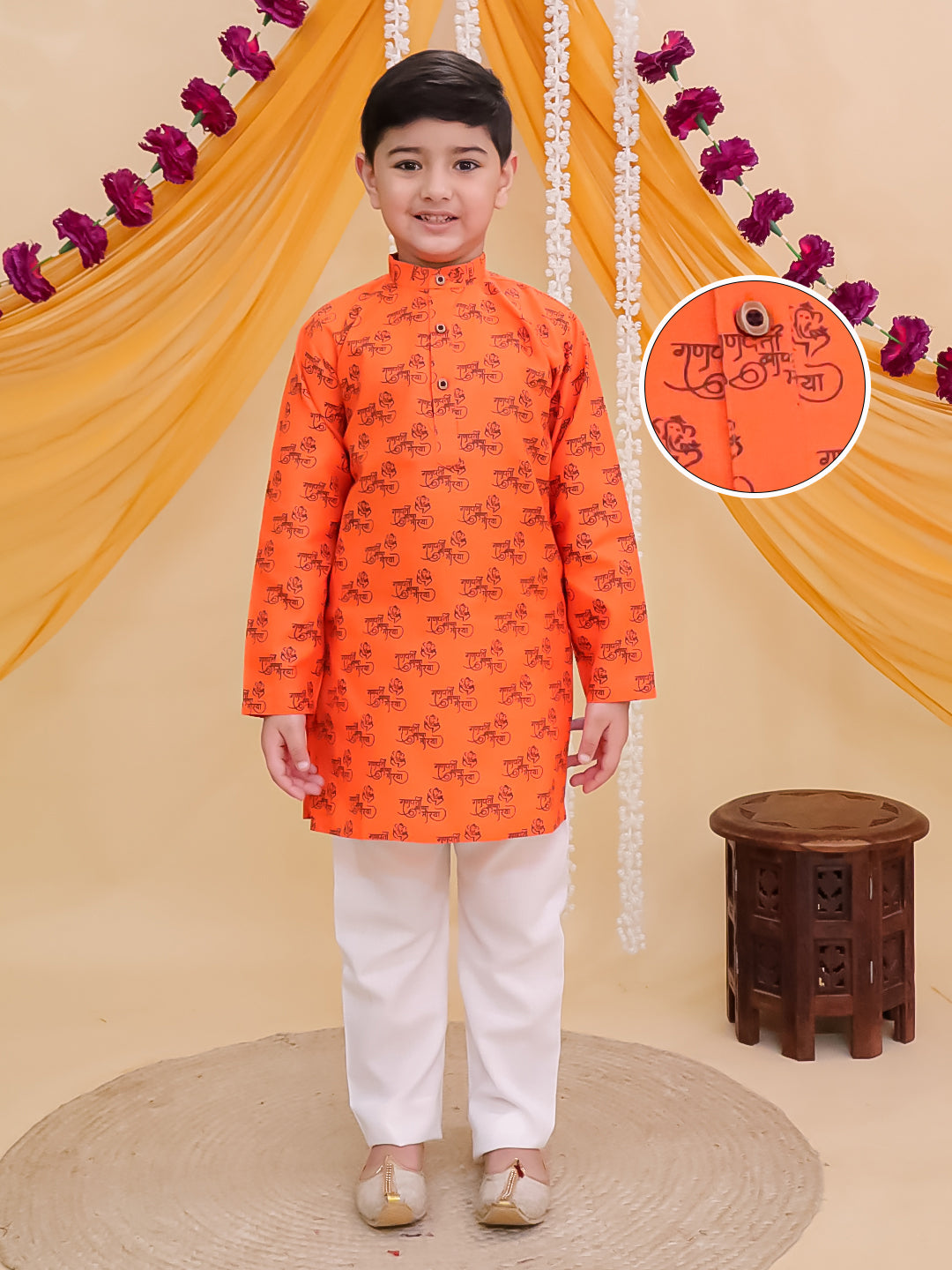 Orange Cotton Full sleeves Ganesha Printed Kurta Pyjama Set