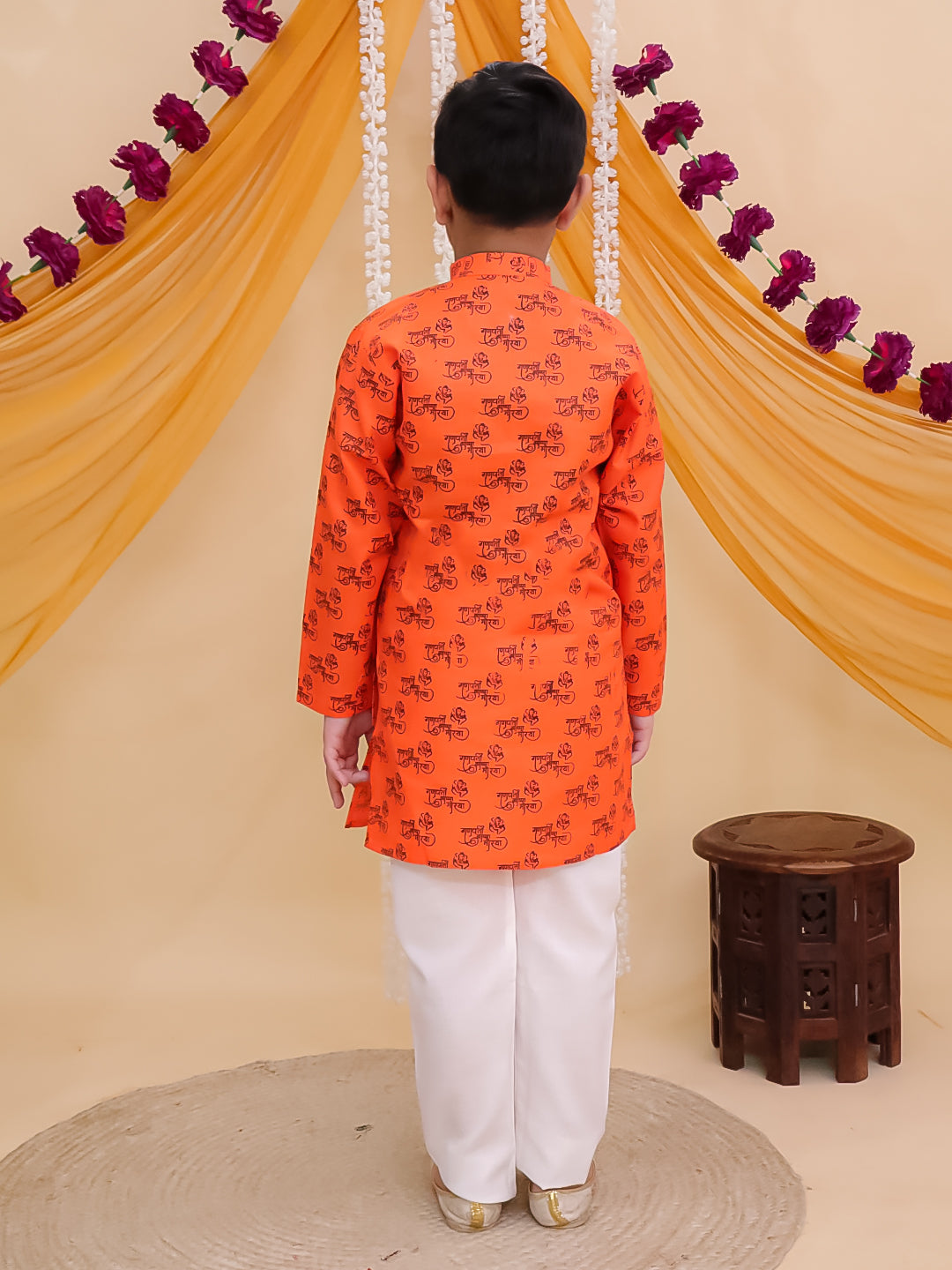 Orange Cotton Full sleeves Ganesha Printed Kurta Pyjama Set