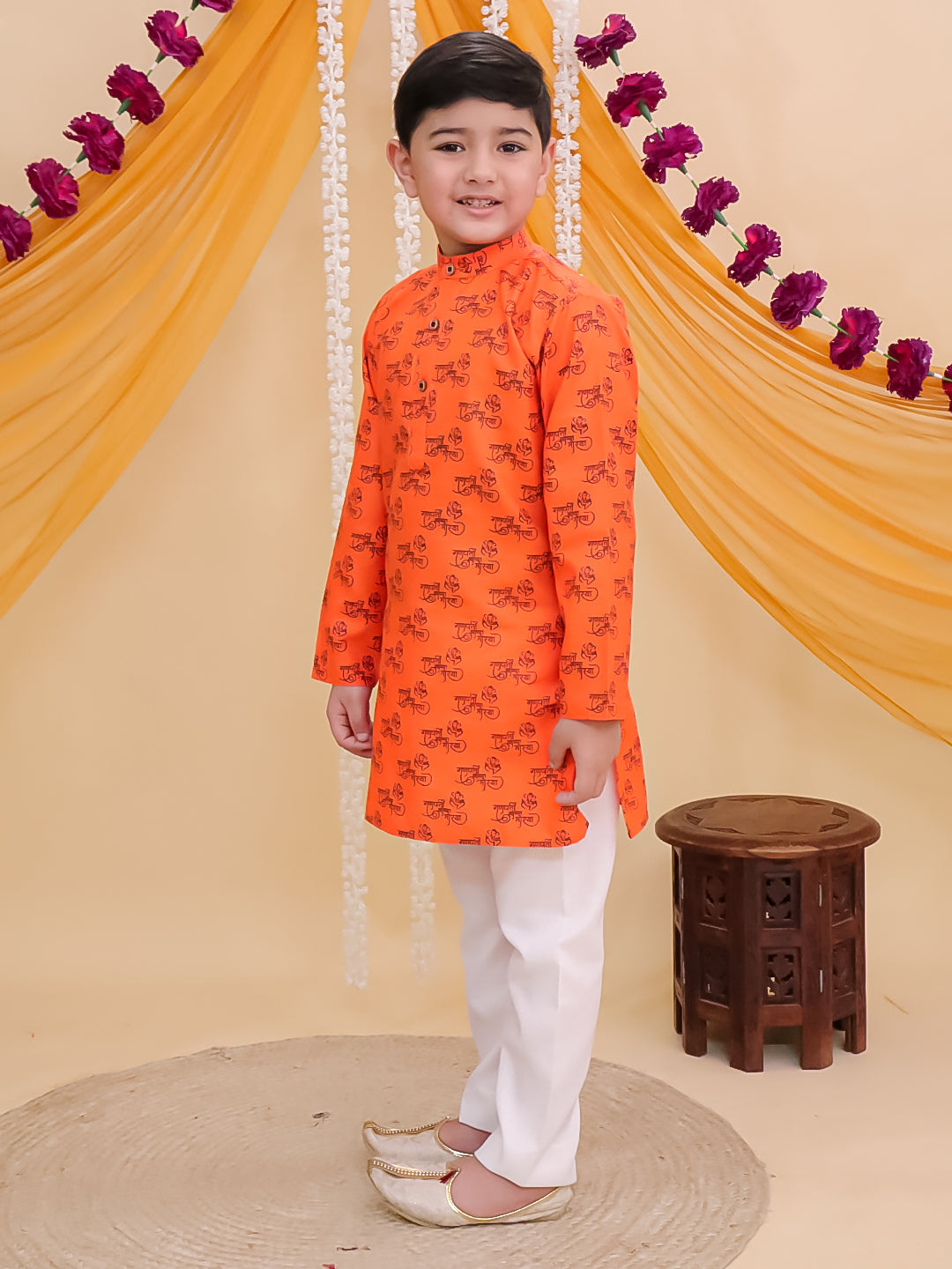 Orange Cotton Full sleeves Ganesha Printed Kurta Pyjama Set
