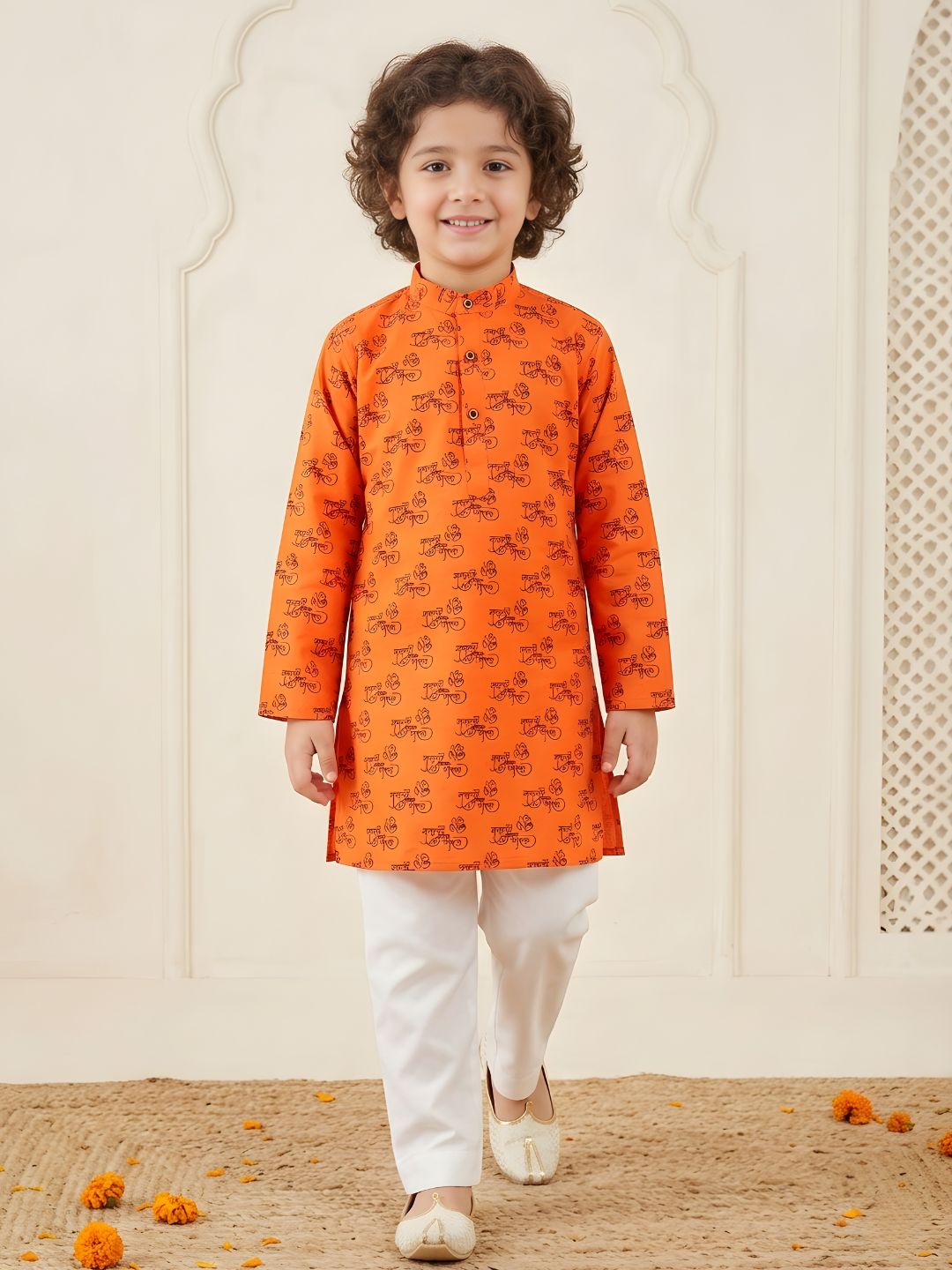 Orange Cotton Full sleeves Ganesha Printed Kurta Pyjama Set