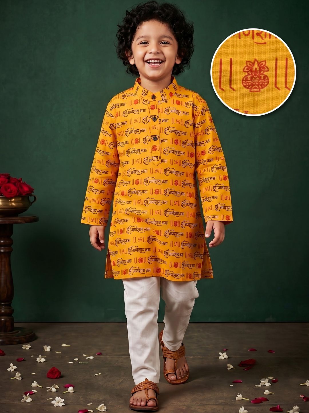 Yellow Cotton Full sleeves Ganesha Printed Kurta Pyjama Set